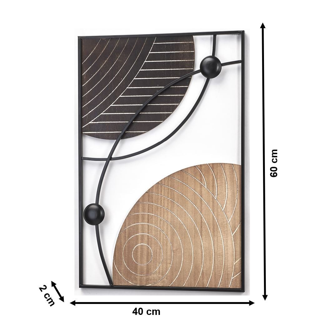 Kobolo Wandbild Metallbild Wanddeko - FENGARI schwarz und braun, Kreise, Holz und Metall