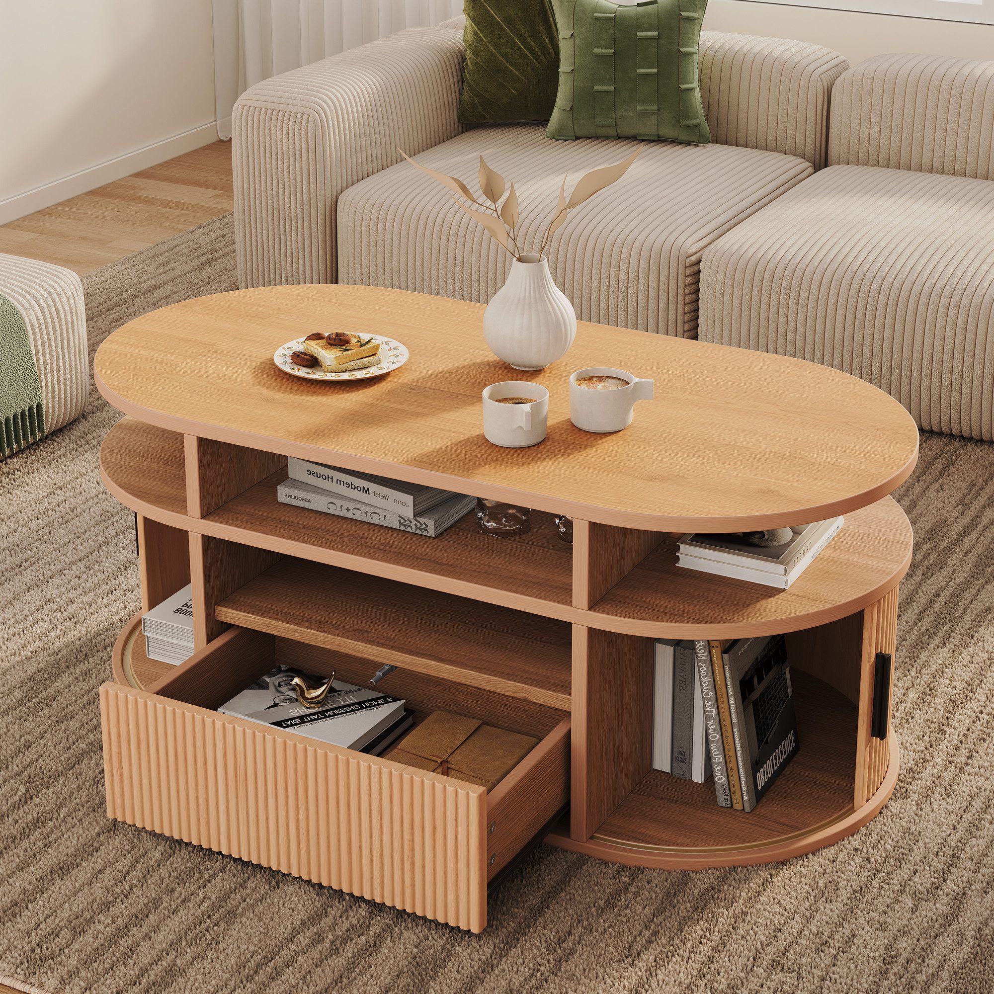 Merax Couchtisch oval Wohnzimmertisch mit 2 Rolltüren, 1 Schublade & offenem Ablagefach (1-St), Retro Sofatisch Kaffeetisch Beistelltisch mit Stauraum, 100x50x40cm