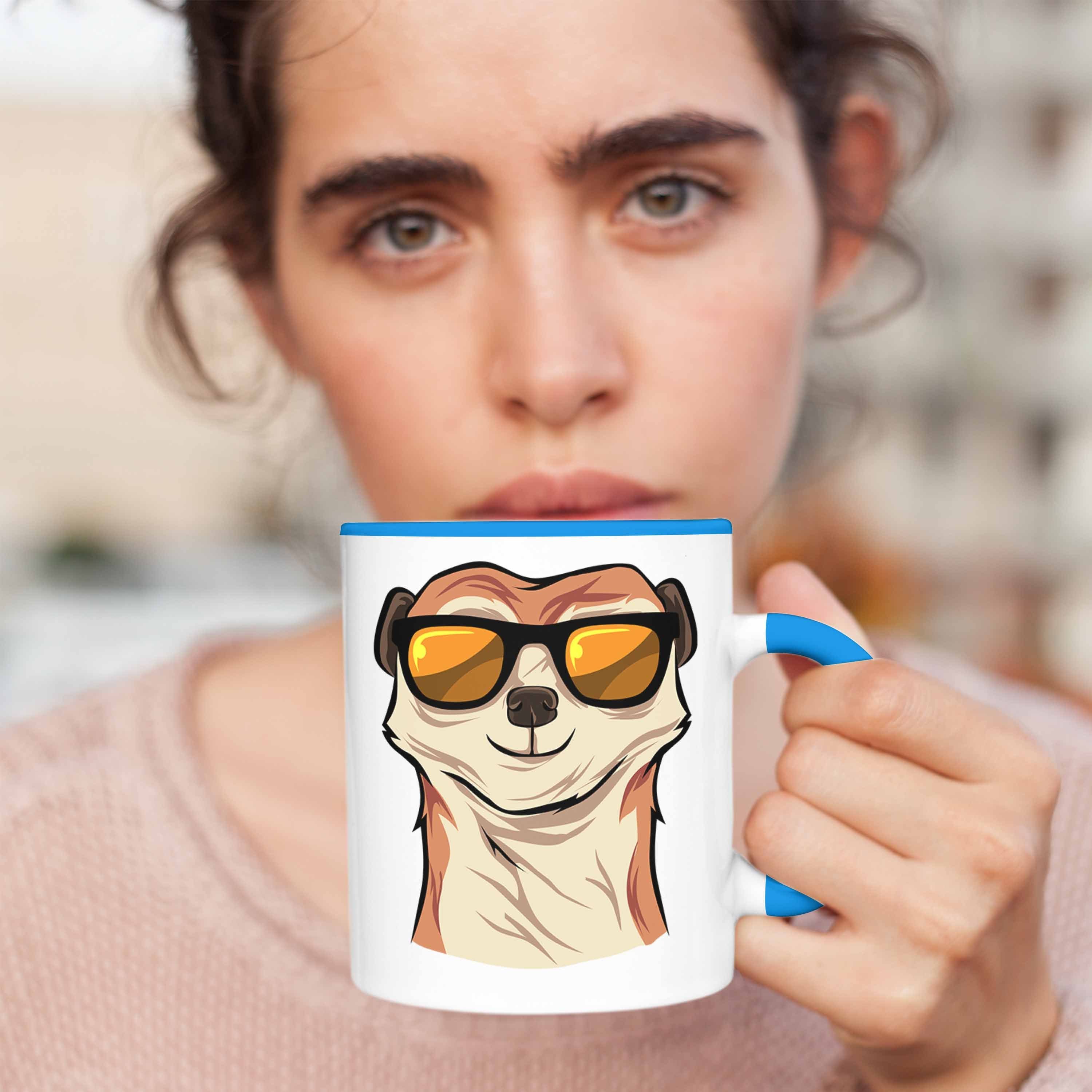 Tierliebhaber Tasse Tasse Erdmännchen Trendation für Sonnenbrille Blau Lustige Geschenk