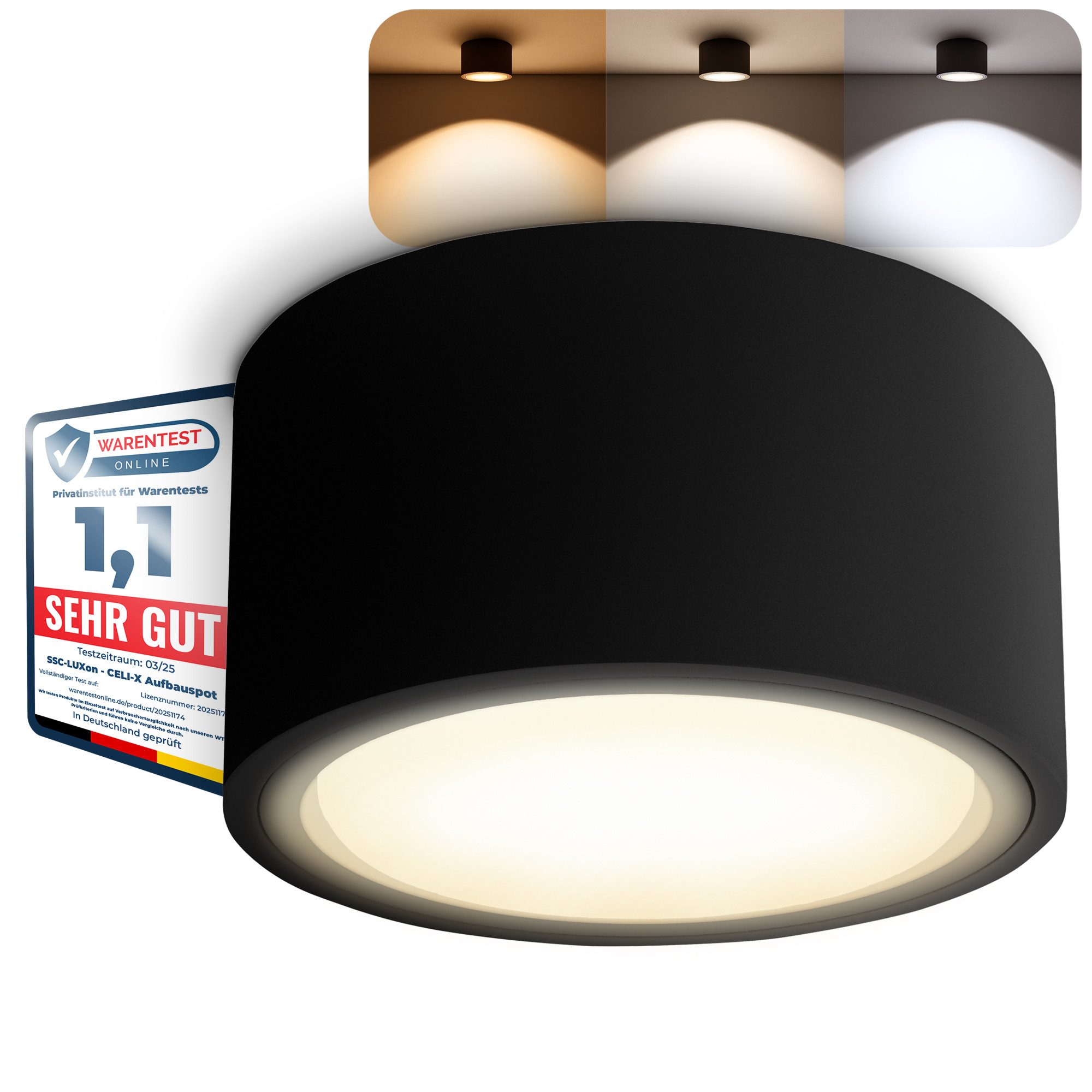 SSC-LUXon LED Aufbaustrahler CELI-X LED Aufbaustrahler schwarz 3 Lichtfarben GX53 230V, Neutralweiß, Warmweiß, Tageslichtweiß