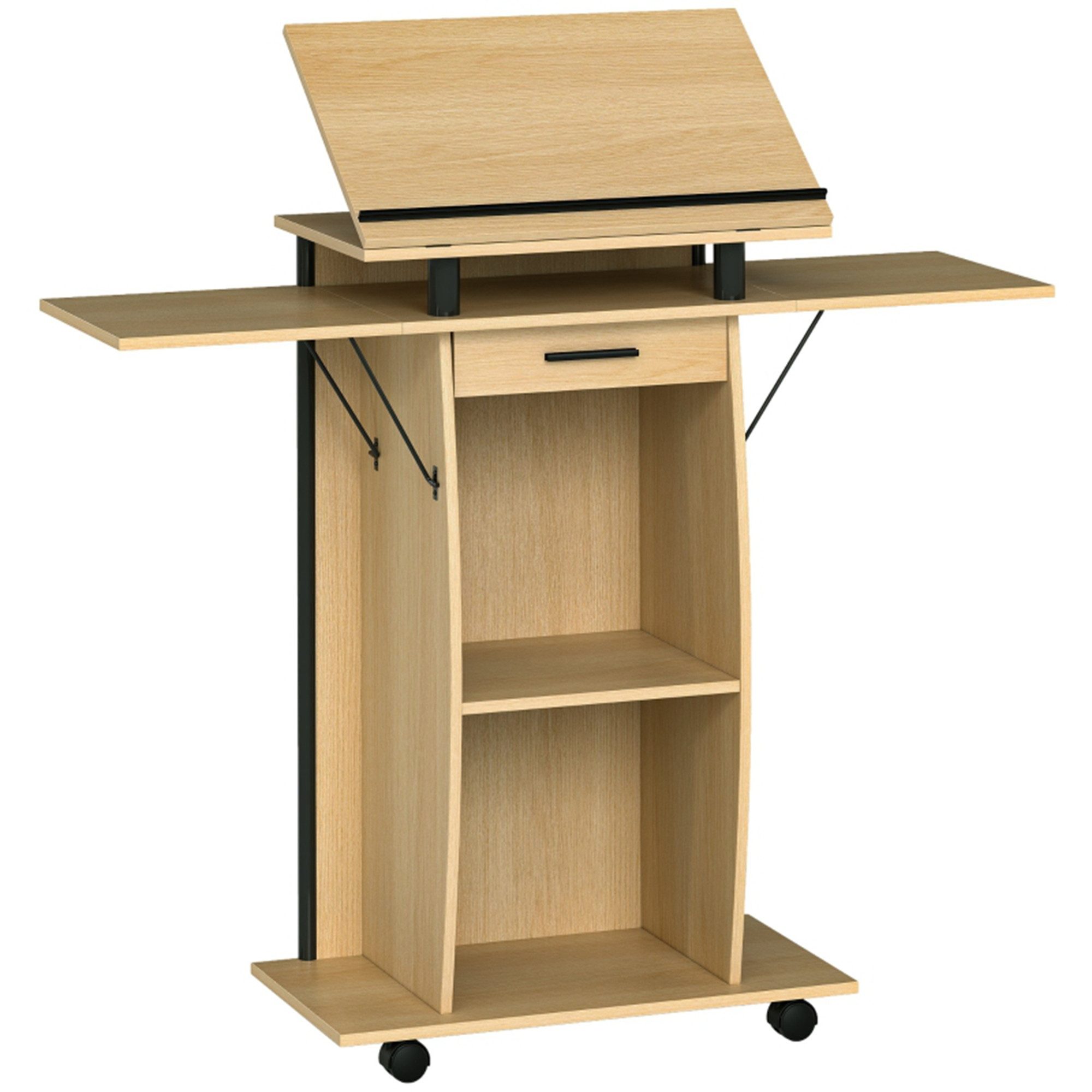 MC Star Stehpult Rollbarer Podiumsständer, Redepult mit klappbaren Seitenflügeln (Laptop-Tisch mit Schublade und Regalen, Eichenoptik)