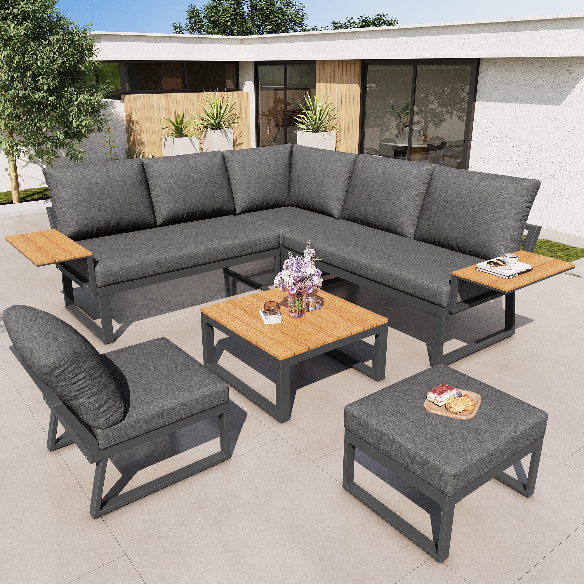 Celya Gartenlounge-Set L-Form Garten Sofa Set mit Holzarmlehnen, (Inkl. Holztisch, Sessel & Hocker 7-Personen, Mit Polstern, Grau), Wetterfeste Eckgarnitur & Liege aus Eisen