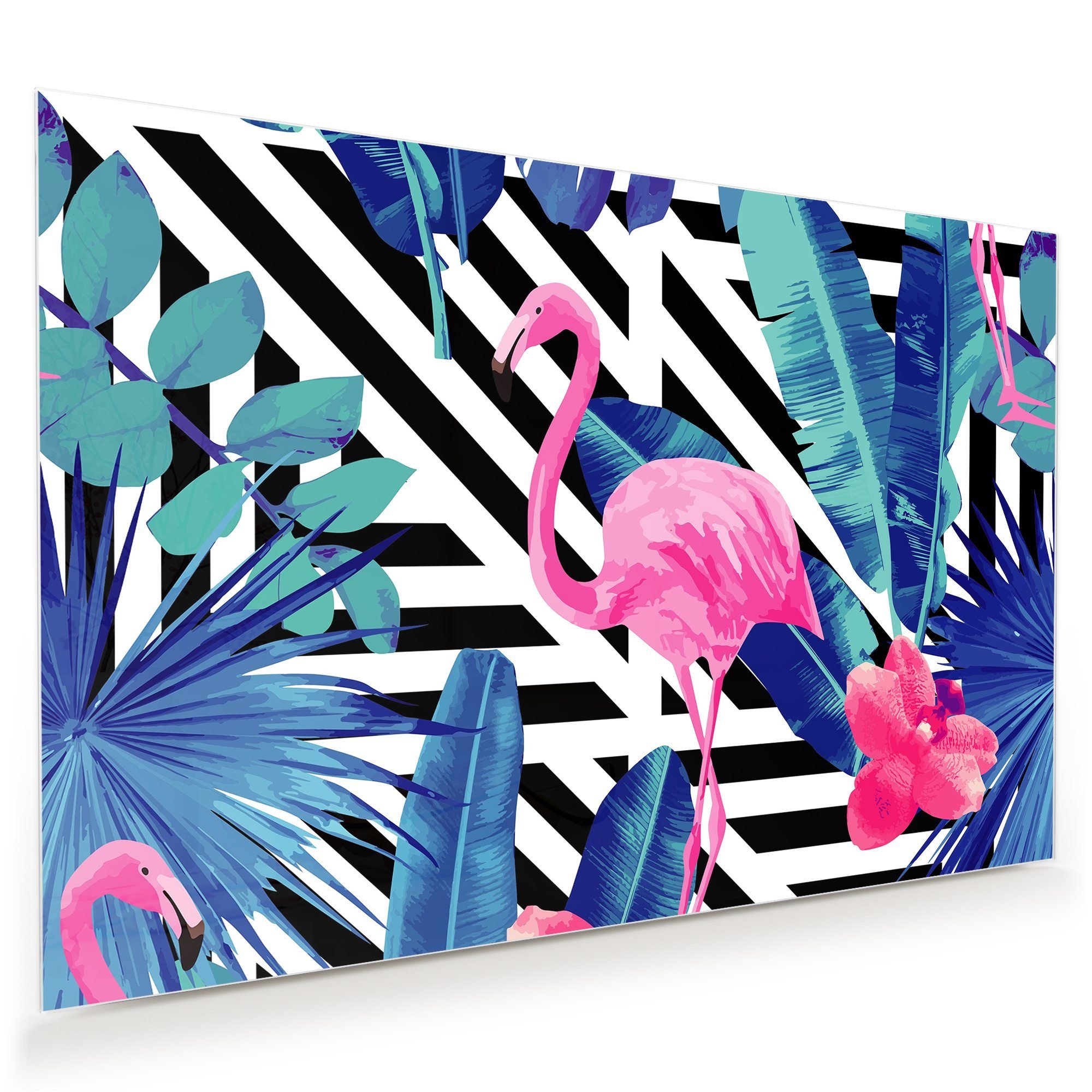 Primedeco Glasbild Wandbild und Blumen Aufhängung, Flamingo mit Blätter