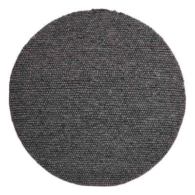 Wollteppich Teppich Ravi rund 90 cm - 50% Wolle, Anthrazit, Urbanara, Rund, Höhe: 15 mm, Handgewebter Wollteppich mit Mellierung & Grober Struktur
