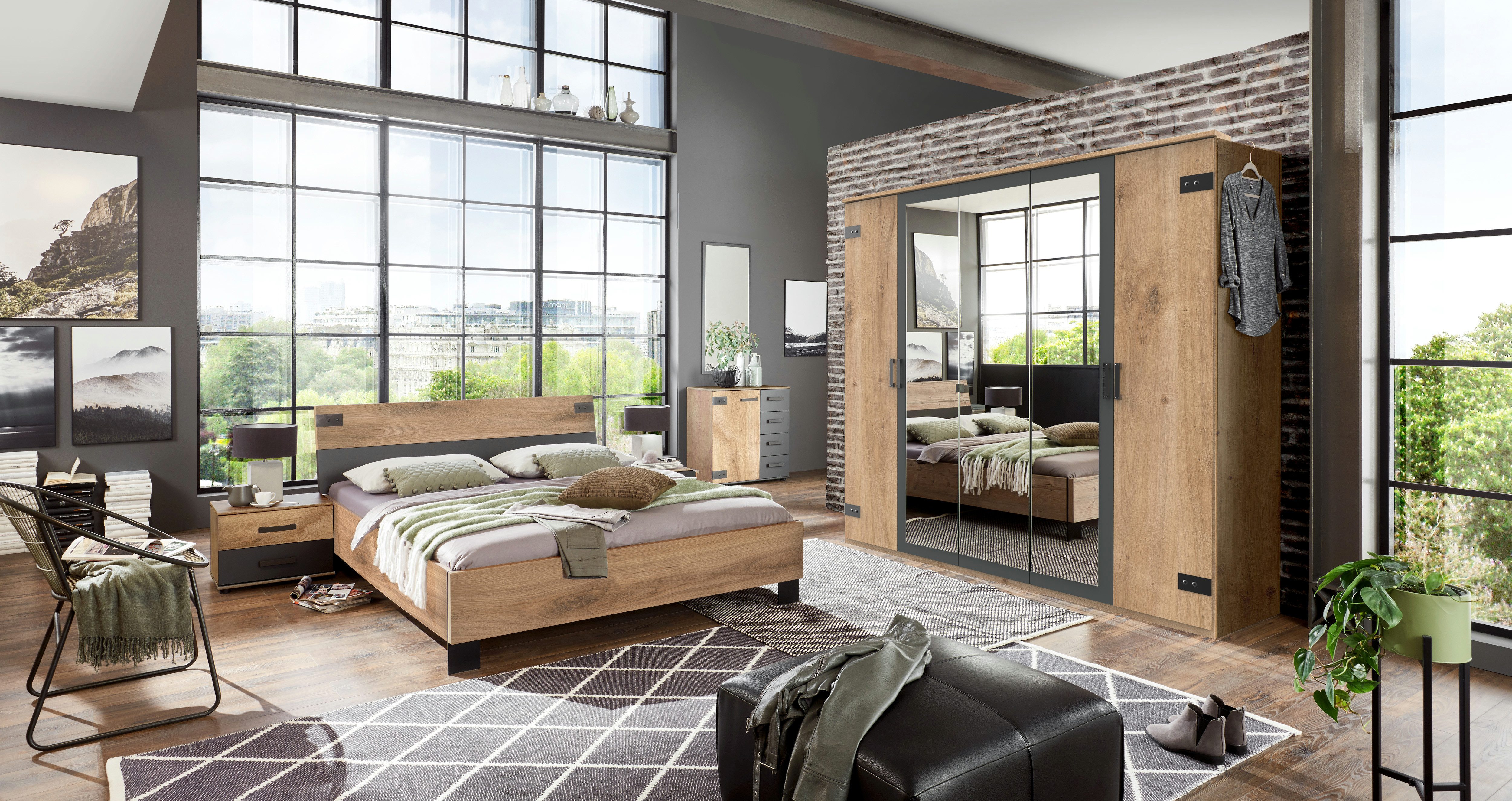 möbel-direkt.de Komplettschlafzimmer Malmö in Plankeneiche und Grafit, (Komplett-Set, 5-tlg., in unterschiedlichen Schrankbreiten erhältlich), Made in Germany, mit Spiegel