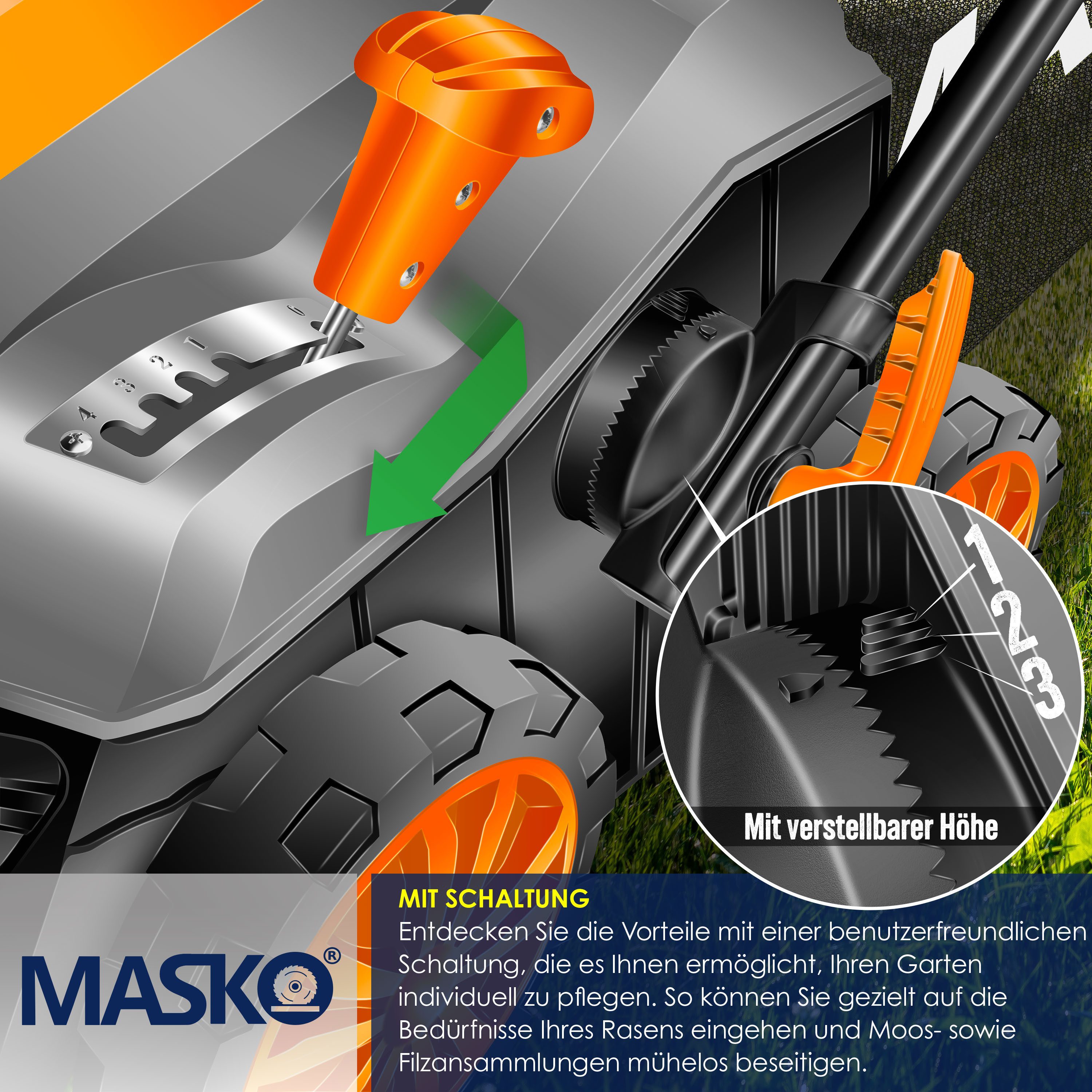 MASKO Elektro-Vertikutierer 2in1 Rasenlüfter 1800W, 5-stufige Arbeitstiefe, 40 cm Arbeitsbreite, Moosentferner mit 55L Fangkorb, 20 Stahlmesser höhenverstellbarer Holm