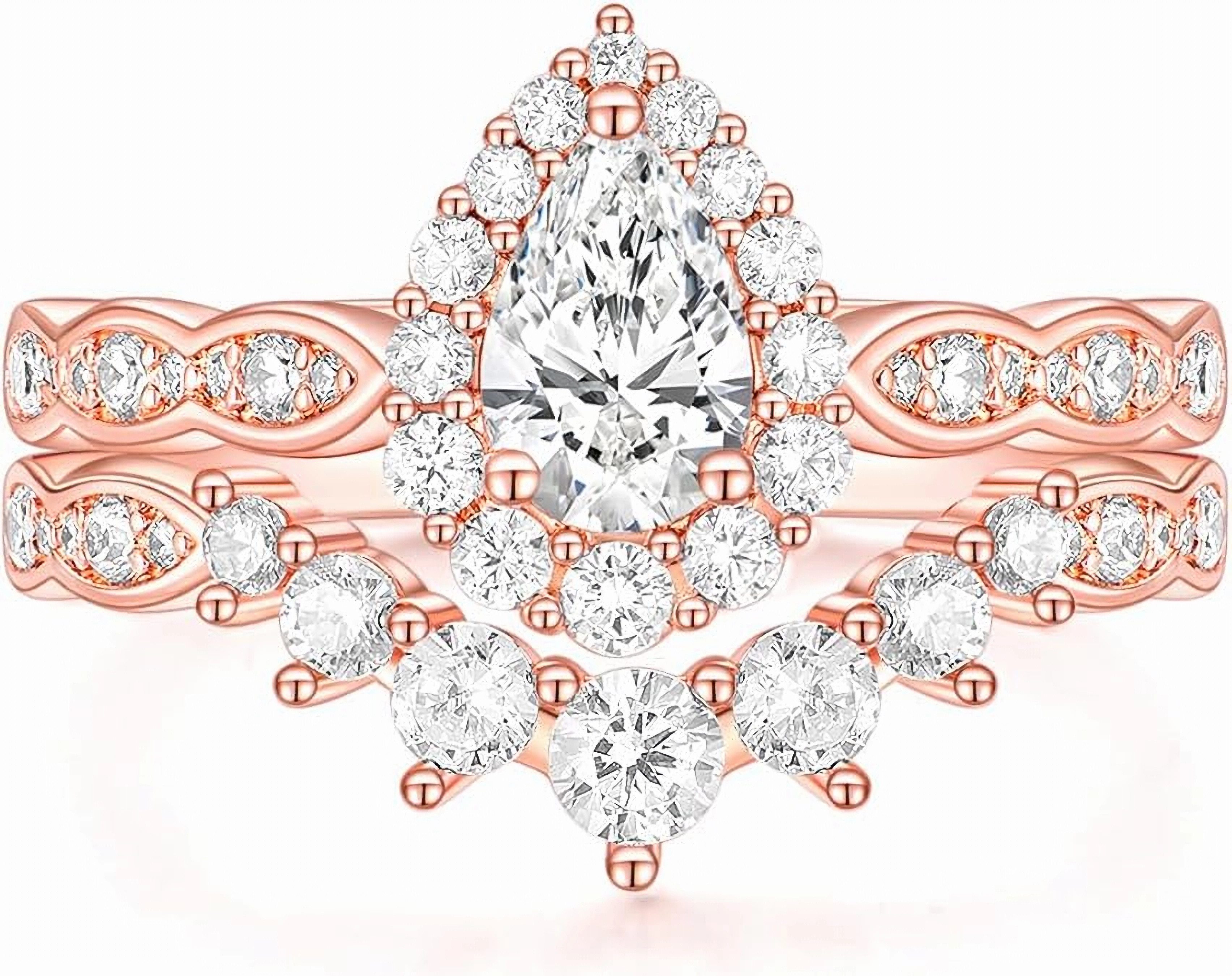 Jumpeak Diamantring 585 Roségold, 1 Karat birnenförmiger Labordiamant, Ehering-Set, Abnehmbar – ein romantisches und elegantes Geschenk und Ehering