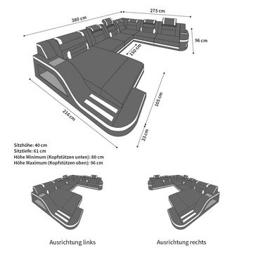 Sofa Dreams Wohnlandschaft Ledercouch Sofa Leder Palermo XXL U Form Ledersofa, Couch, mit LED, wahlweise mit Bettfunktion als Schlafsofa, Designersofa