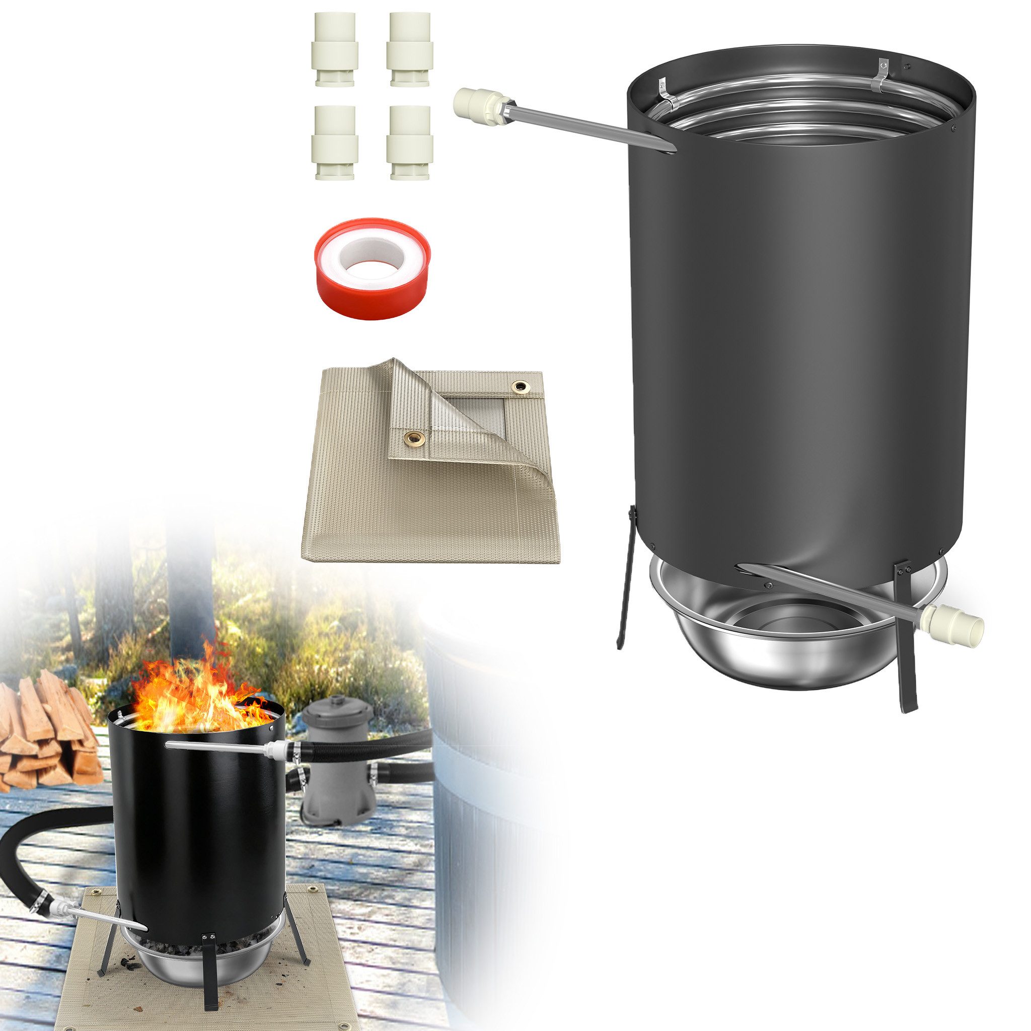 FIVMEN Pool-Wärmepumpe Poolheizung Feuertonne Edelstahl Brennholz mit Feuer Ø 30 x 52 cm (1 tlg), Schwimmbadheizung mit 32/38mm Anschlüsse 14m Eingebaute Spiralerohr