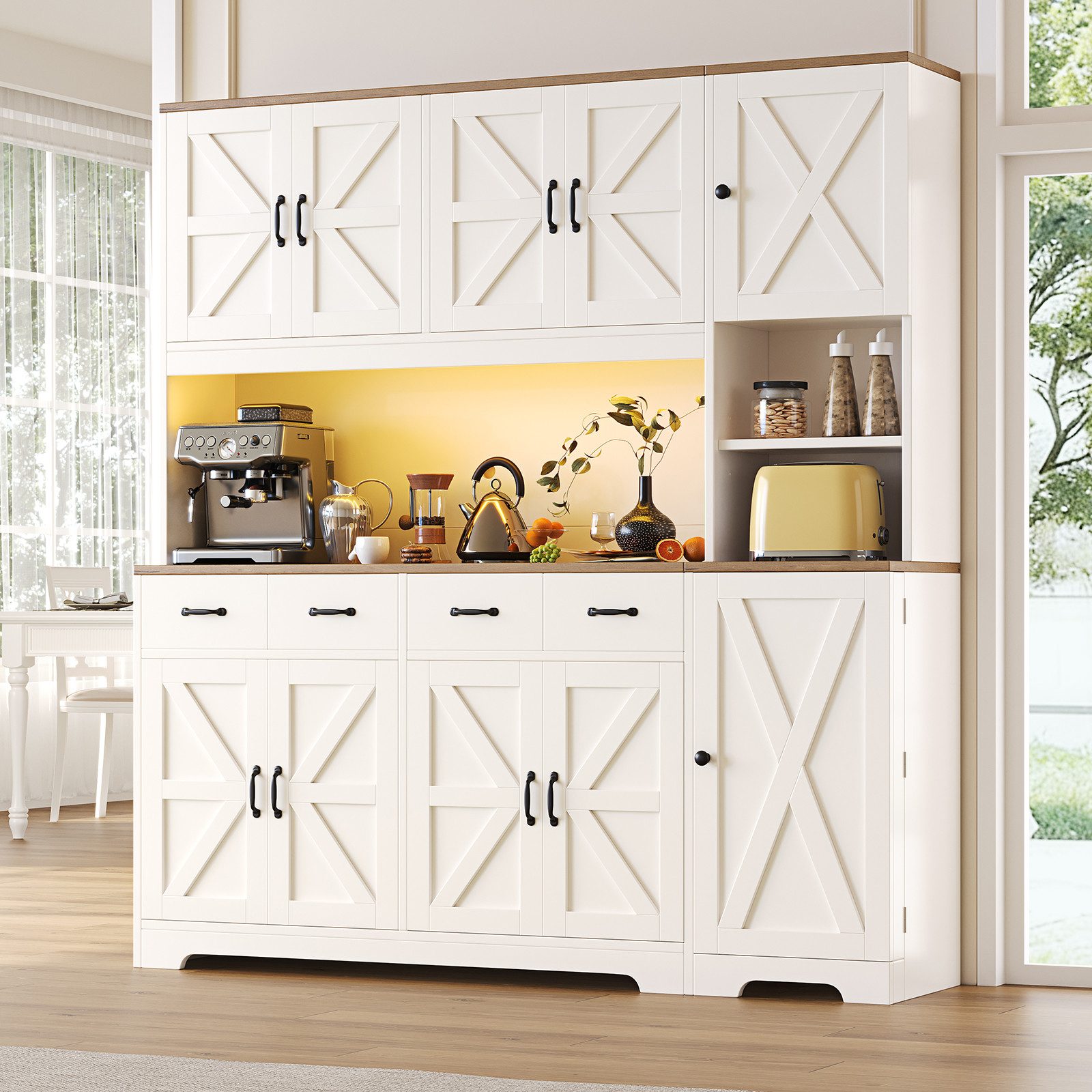 Yanosaku Hochschrank 180cm mit LED & Ladestation, Vorratsschrank mit 4 Schubladen