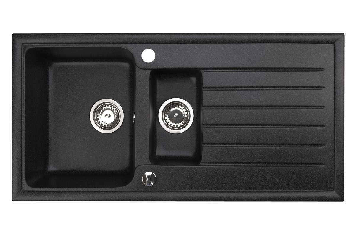 Faizee Furniture Granite Sink, Kitchen Sink with Siphon and Pull-Out Faucet, Black, Square