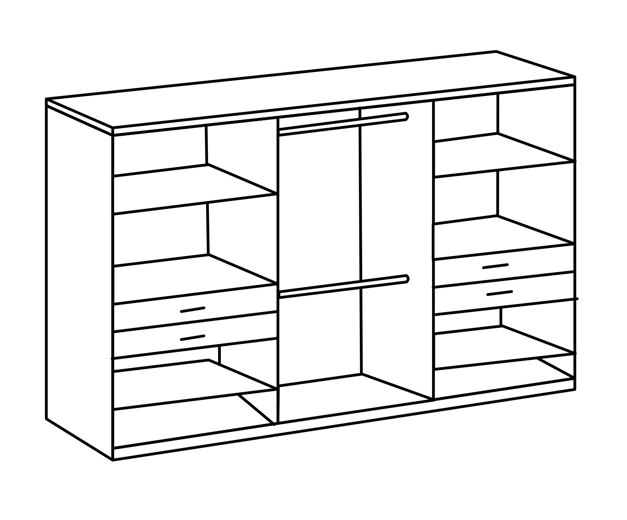 freiraum 10 und Dreh-/Schwebetürenschrank Türen 270x208x58 4 (B/H/T: Schubladen in mit Eiche-sägerau-Nachbildung cm) Taiga