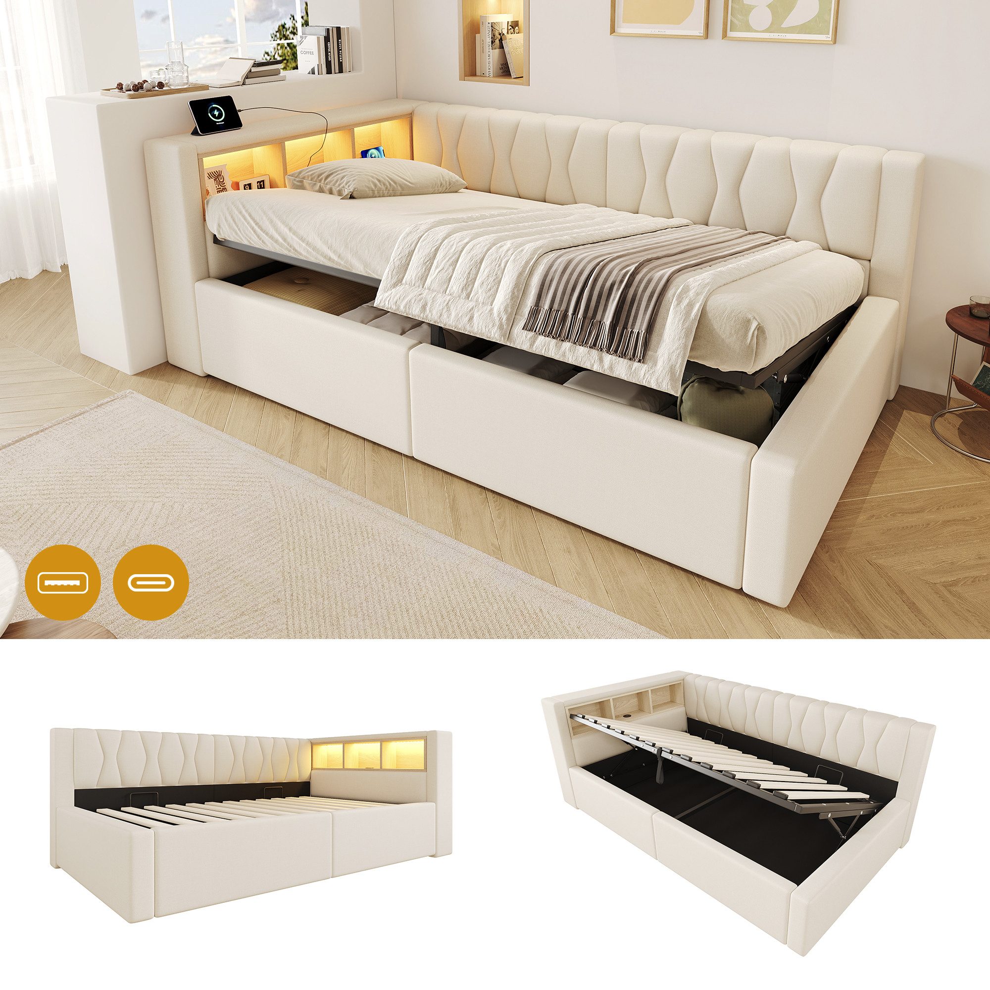 Flieks Daybett, Polsterbett Schlafsofa 90x200cm mit Hydraulik, LED-Leiste, Aufladen