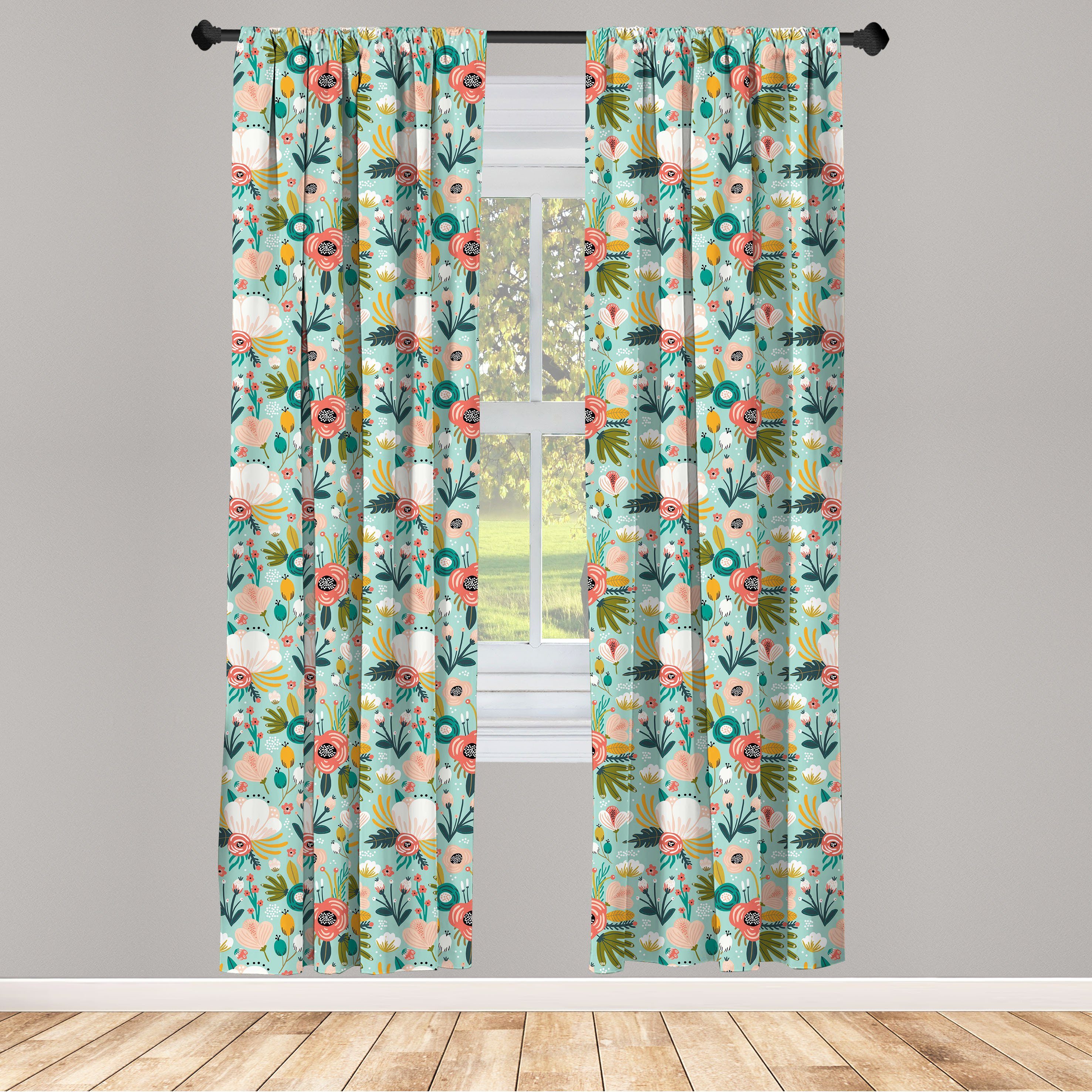 Gardine Vorhang für Wohnzimmer Schlafzimmer Dekor, Abakuhaus, Microfaser, Blumen Buntes Gekritzel-Bouquets
