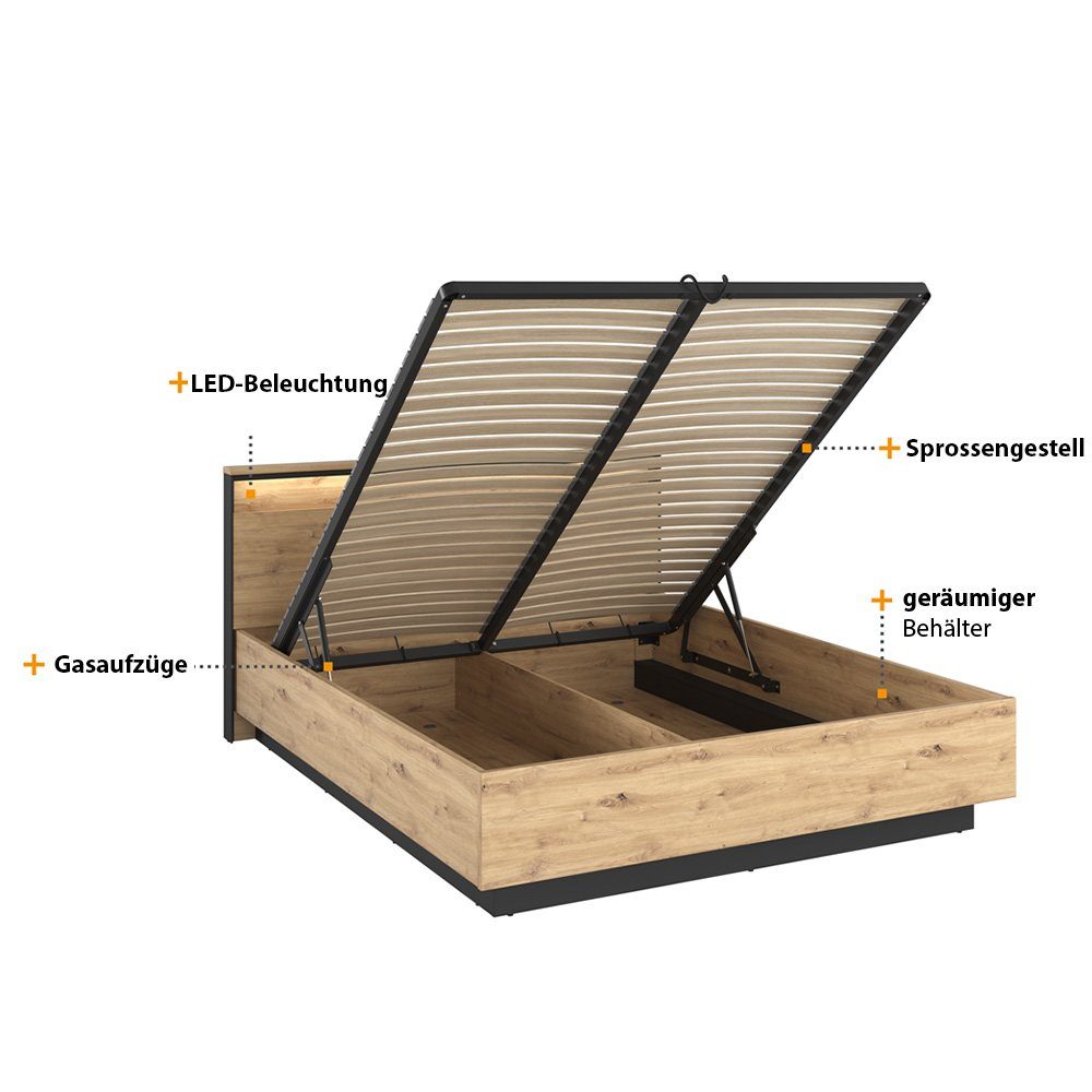 Compleo Bett LIMA Doppelbett, Lattenrost mit LED, ohne Matratze