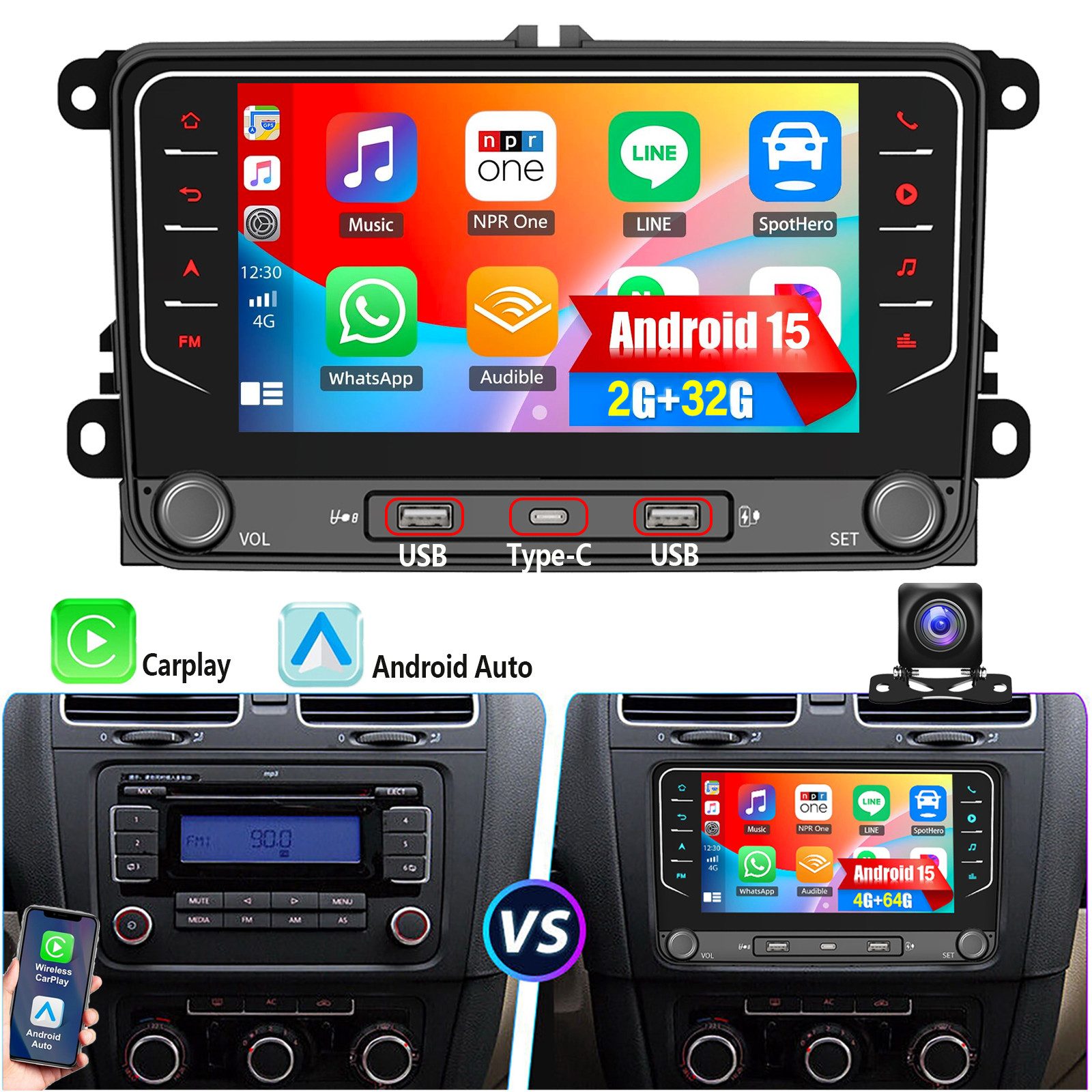 ESSGOO 7" Android 15 Für VW GOLF 5 6 Touran EOS Tiguan Polo 6R Passat Caddy Autoradio (RDS, 4+64G(optional), DAB (optional), FM, DAB+ (optional), Carplay Android Auto DAB (optional), RDS, FM, 4+64GB, SWC, GPS NAVI)