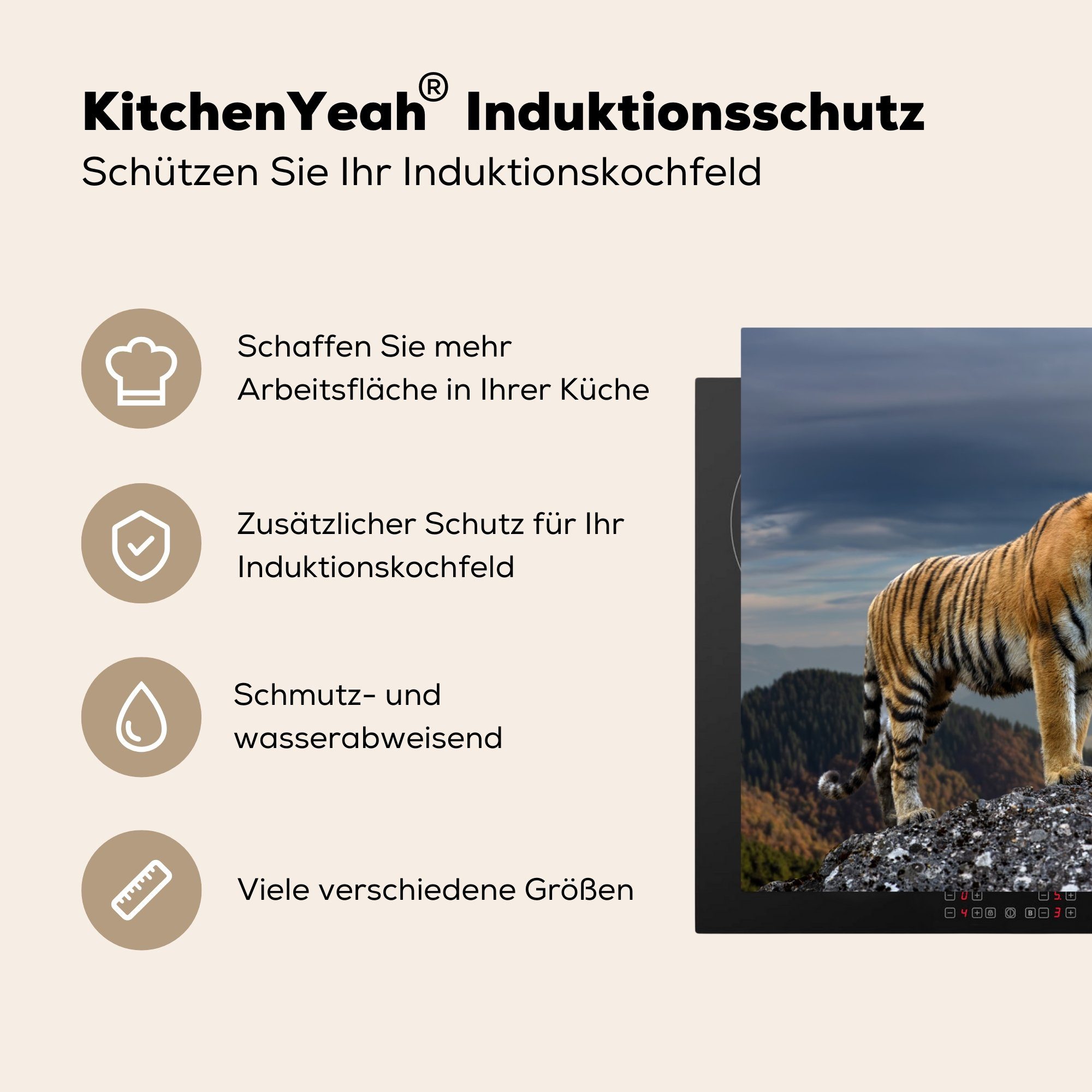 MuchoWow Herdblende-/Abdeckplatte Tiger - - - Arbeitsplatte Landschaft, (1 Ceranfeldabdeckung, Natur Vinyl, 77x51 küche für tlg), Berg cm
