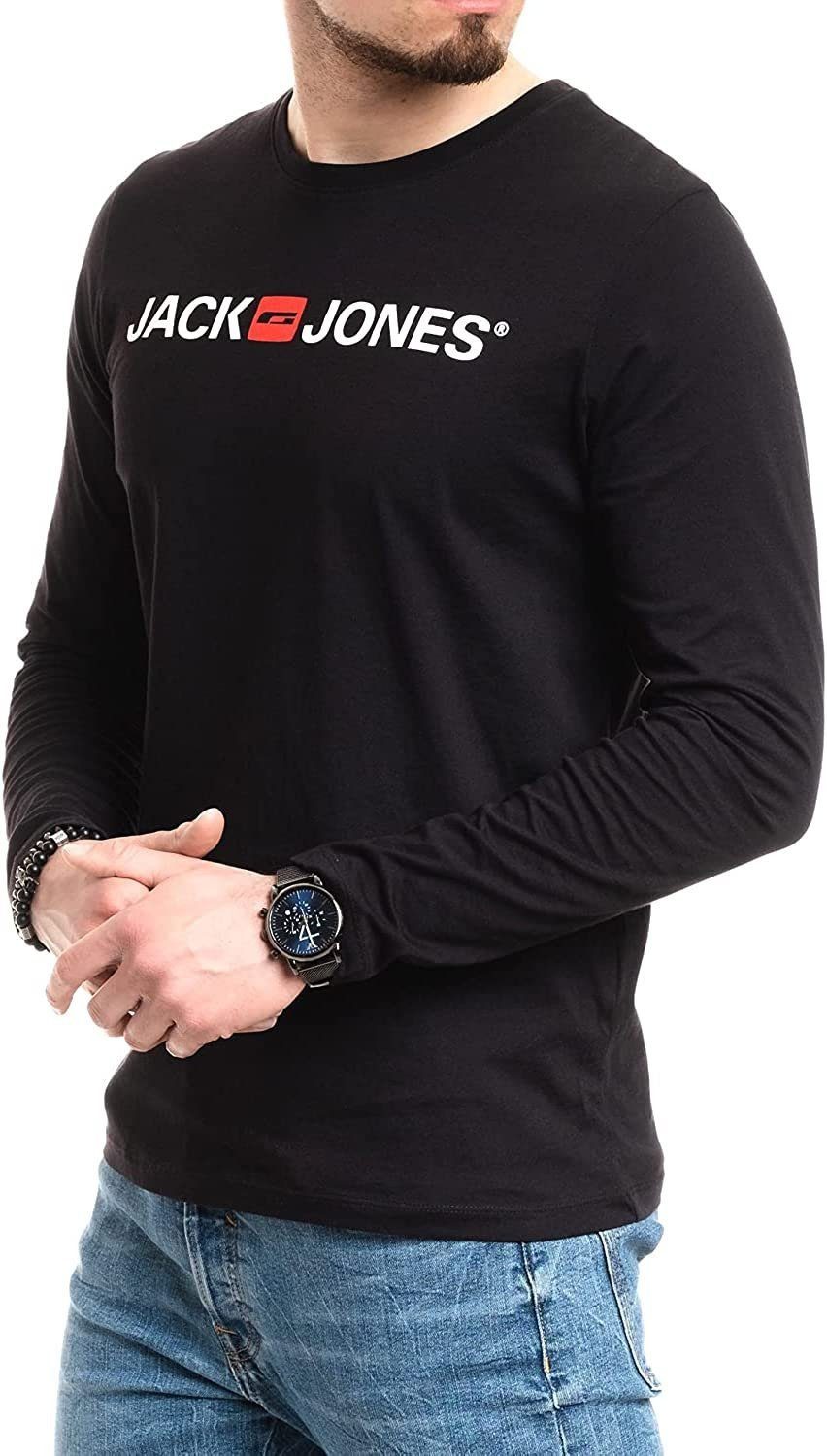 Jack & Jones Langarmshirt Regular-Fit mit stilvollem Printdruck (Spar-Set, 3er-Pack) in Unifarbe aus Baumwolle, mit lizenziertem Originaldesign Print
