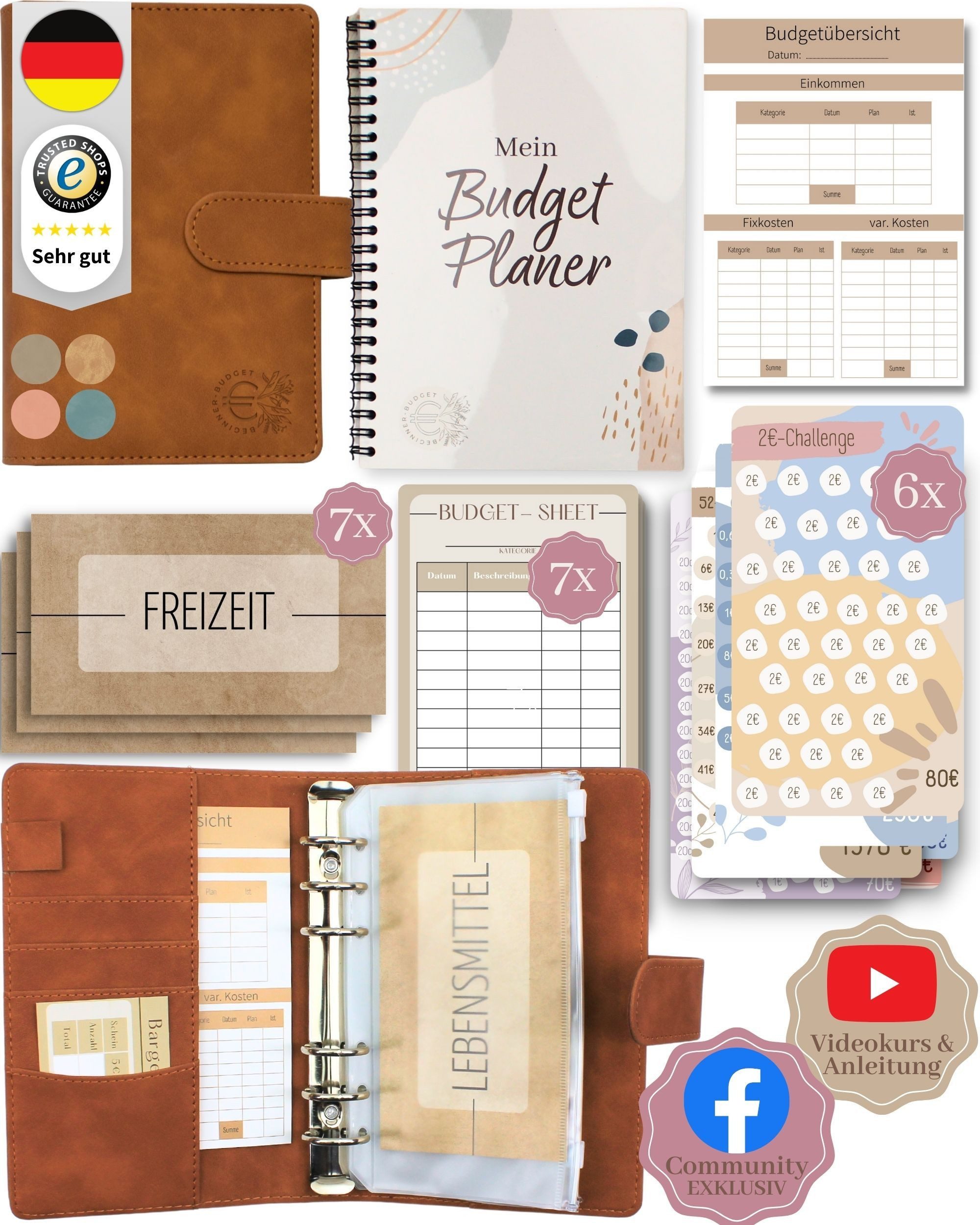 BeginnerBudget Ringbuchkalender Budget Planner & Haushaltsbuch Starter-Set: Sparbuch & Spar-Challenges, Sparen mit Umschlagmethode + Anleitung - Ringbuch - Binder A6