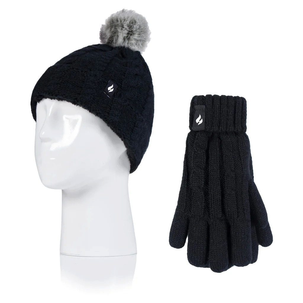 Heat Holders Strickmütze Mädchen (7-10 Jahre) Set Mütze mit Pom Pom und Handschuhen