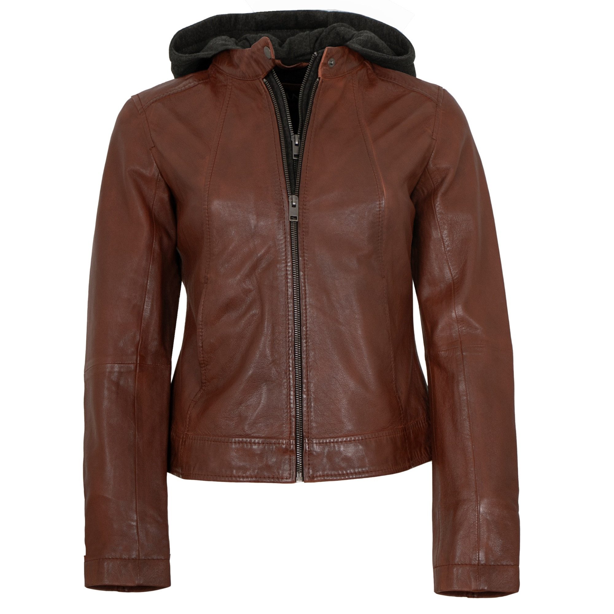 Jilani Lederjacke Ashley Jilani Collection - Damen Lederjacke Lammnappa Kapuze dunkles cognac
