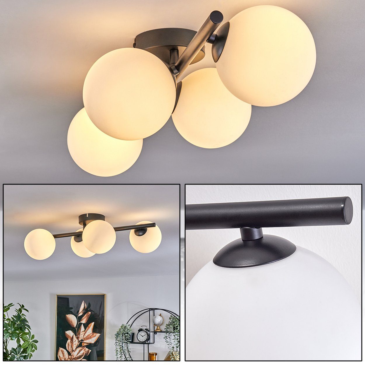 hofstein Deckenleuchte Deckenlampe aus Metall/Glas in Schwarz/Milchglas, ohne Leuchtmittel, Leuchte im Retro-Design aus Glas, 4 x G9 LED, ohne Leuchtmittel