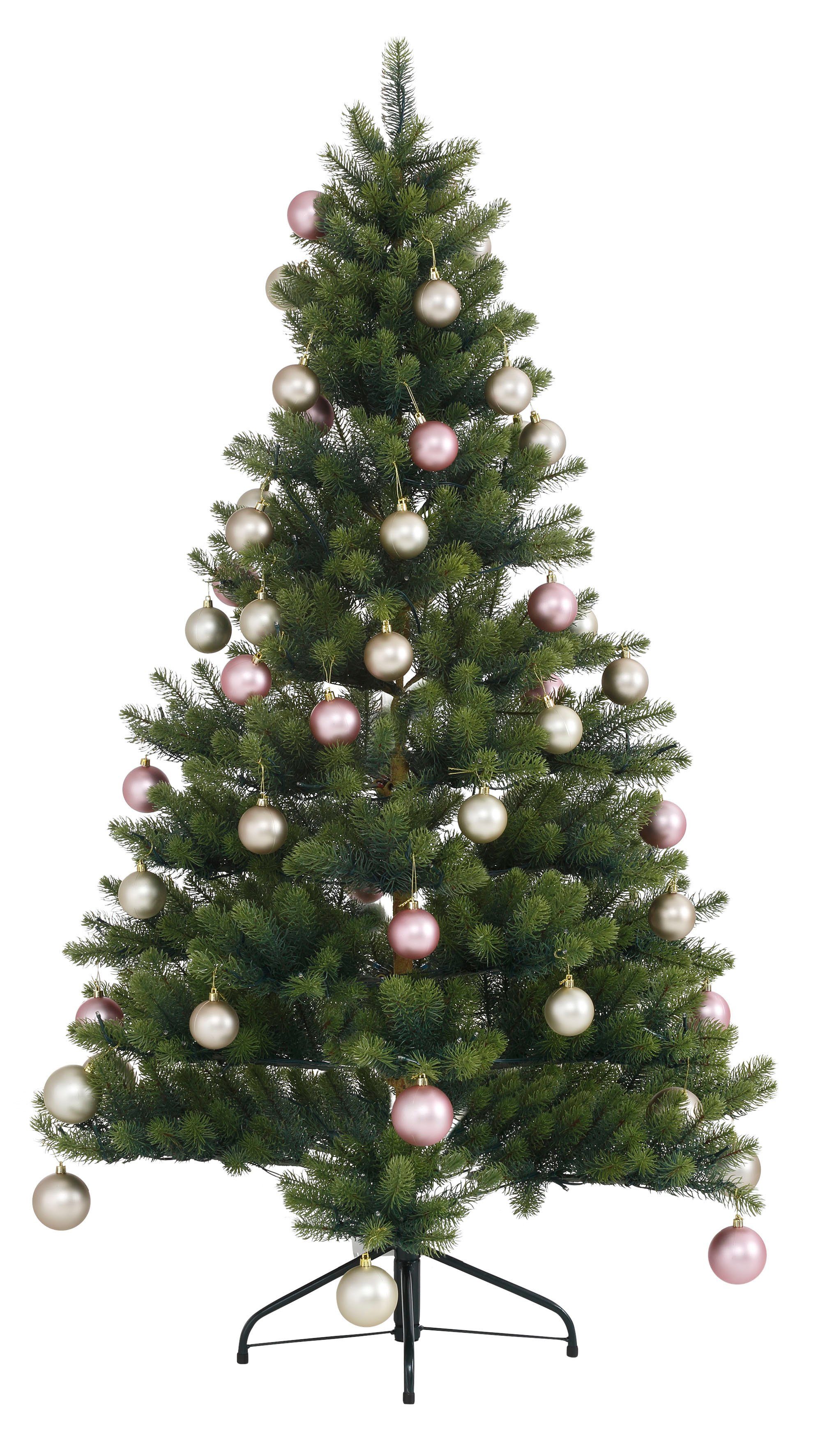 Creativ deco Künstlicher Weihnachtsbaum Fertig geschmückt, mit 60 Kugeln und LED Beleuchtung grün/champagner/rosé