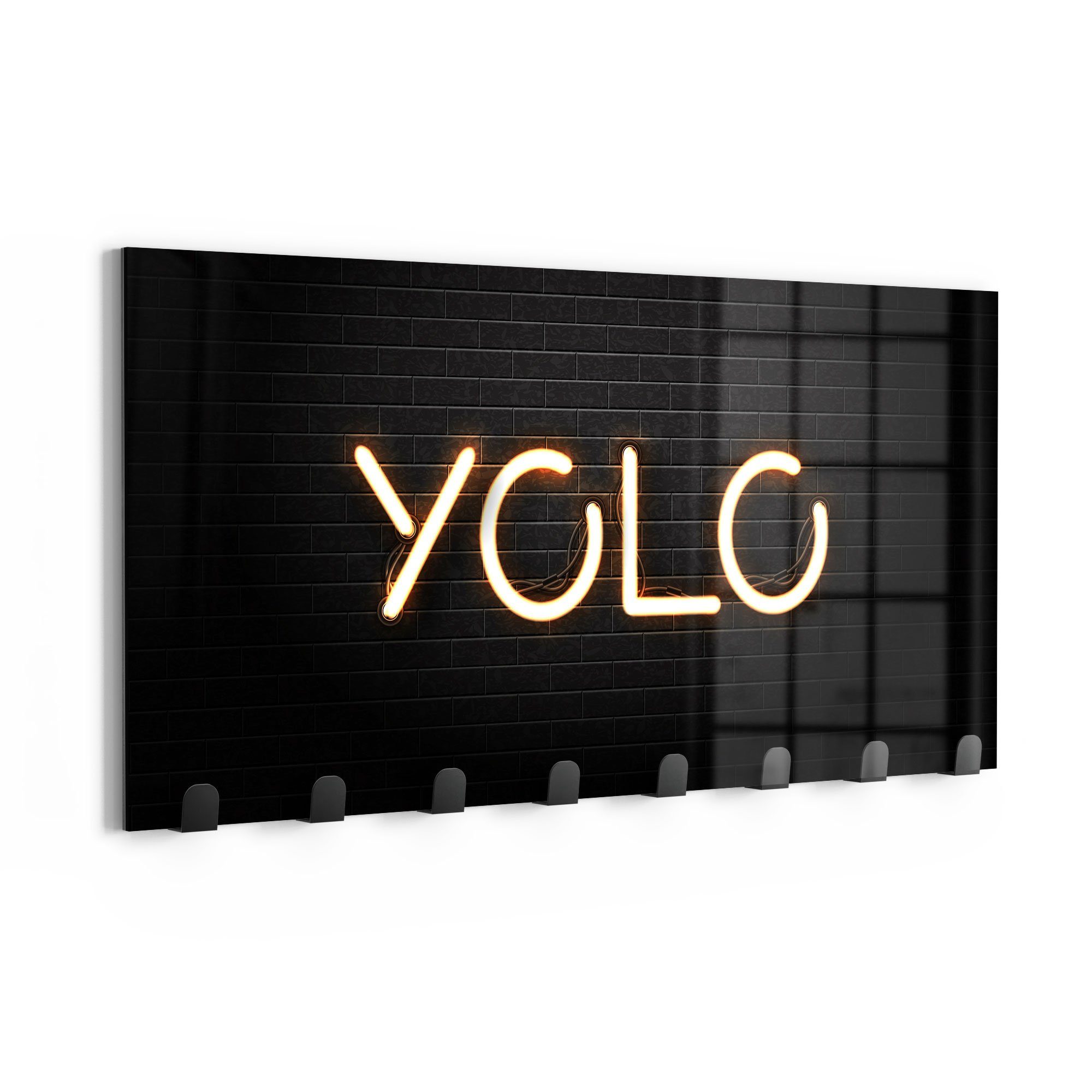 DEQORI Kleiderhaken 'Leuchtbuchstaben YOLO', Paneel beschreibbar magnetisch Glas Garderobe