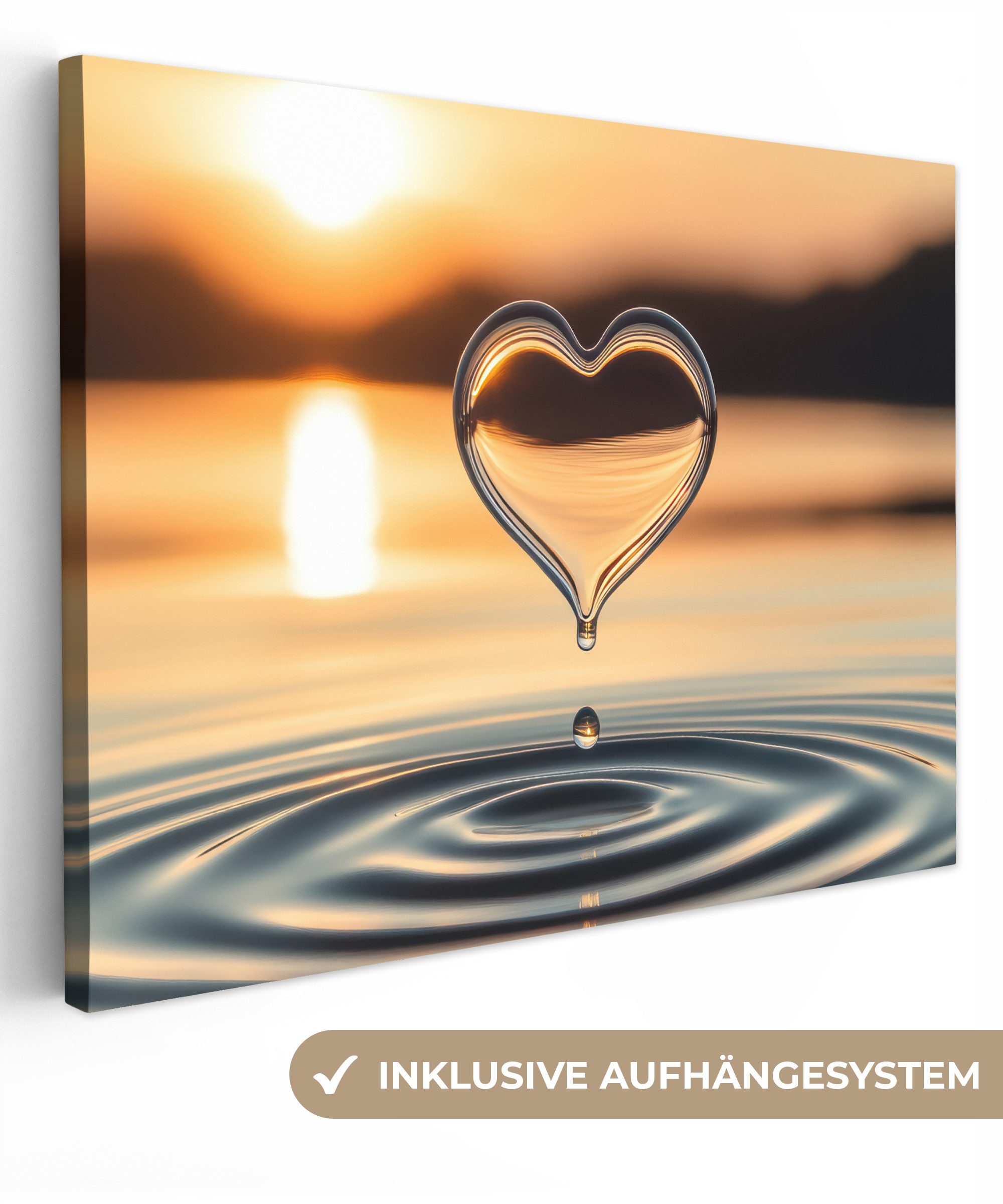 OneMillionCanvasses® Leinwandbild Herz - Wasser - Sonnenuntergang - Natur - Zen, Fotodruck (1 St), Leinwand Bilder für Wohnzimmer Schlafzimmer 80x60 cm