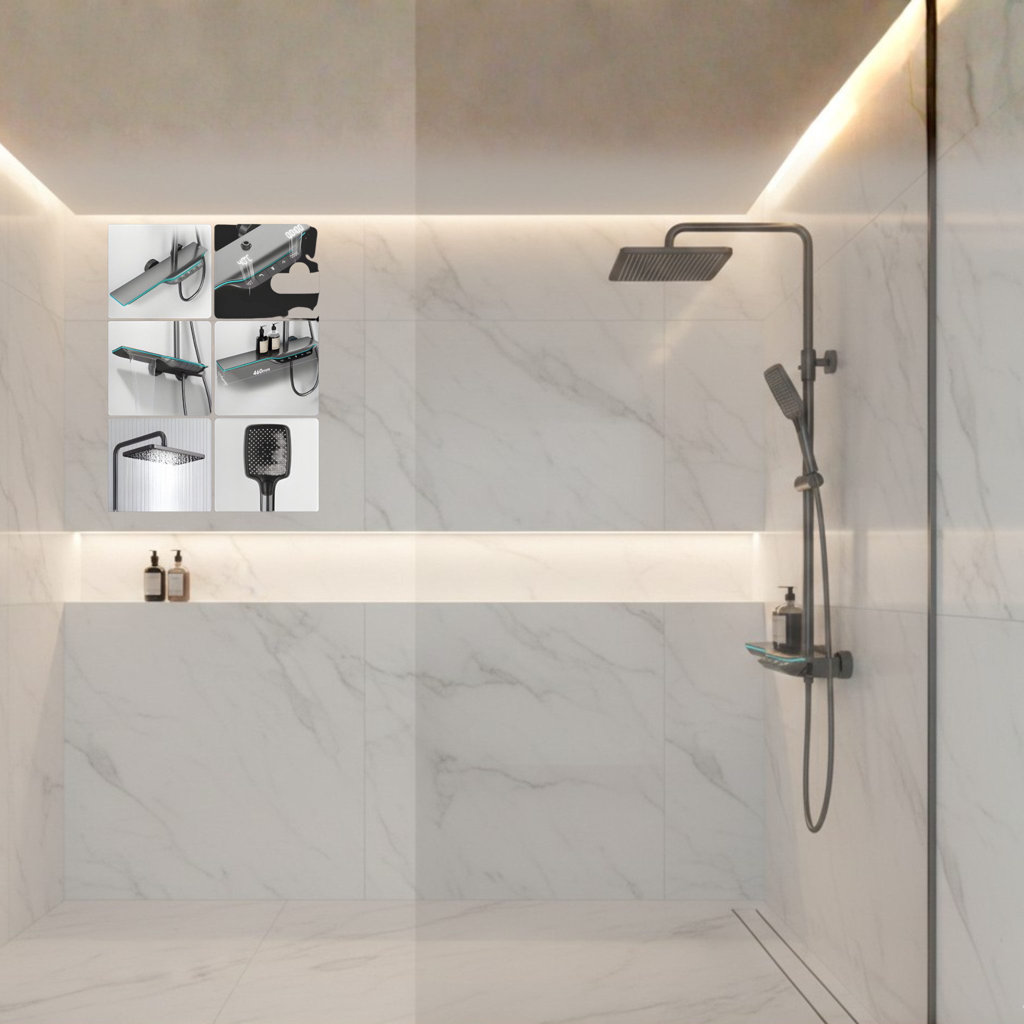 LuxaSteel Duscharmatur Smartes Duschsystem mit LED-Display & Thermostat – Regendusche Set (Komplett-Set, Komplett-Set) Wasserfallauslass, LED-Beleuchtung, internes Wasserkraftwerk