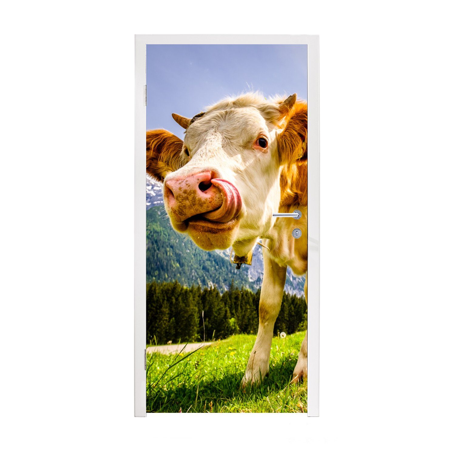 MuchoWow Türtapete Kühe - Berge - Gras - Landschaft - Alpen, Matt, bedruckt, (1 St), Fototapete für Tür, Türaufkleber, 75x205 cm