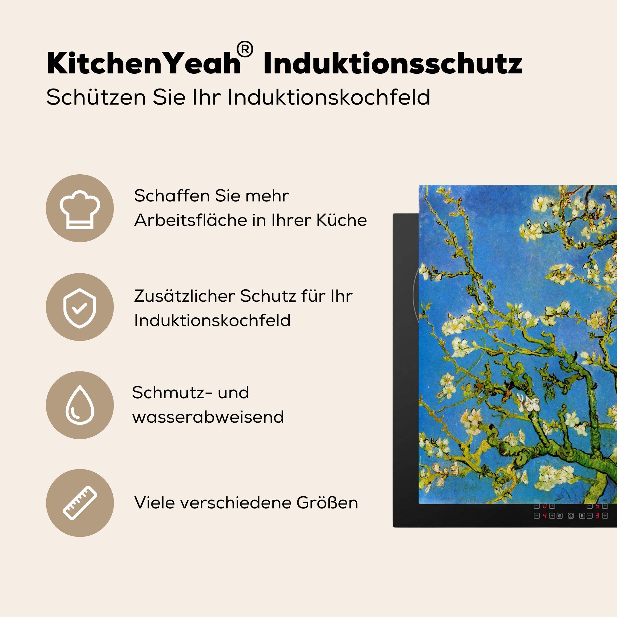 tlg), Vincent (1 van 59x52 - Vinyl, Mandelblüte MuchoWow cm, die Induktionsmatte Gogh, Herdblende-/Abdeckplatte küche, für Ceranfeldabdeckung