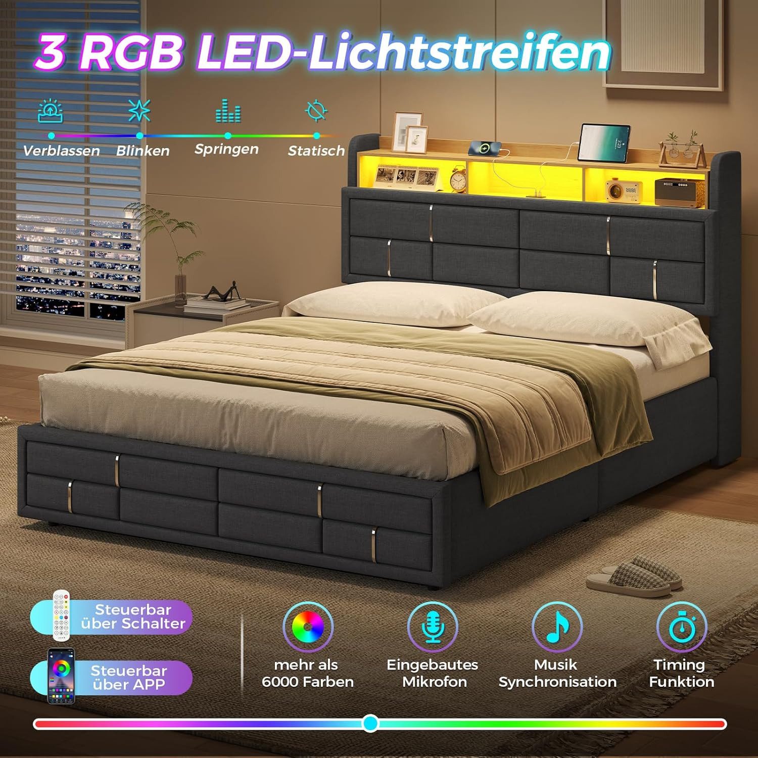 KIMENICH Polsterbett mit LED-Beleuchtung, Hydraulisches Stauraumbett (Ohne Matratze), mit Steckdosen, offenem Regal & verstecktem Stauraum, 140x200cm – Bild 4 von 5