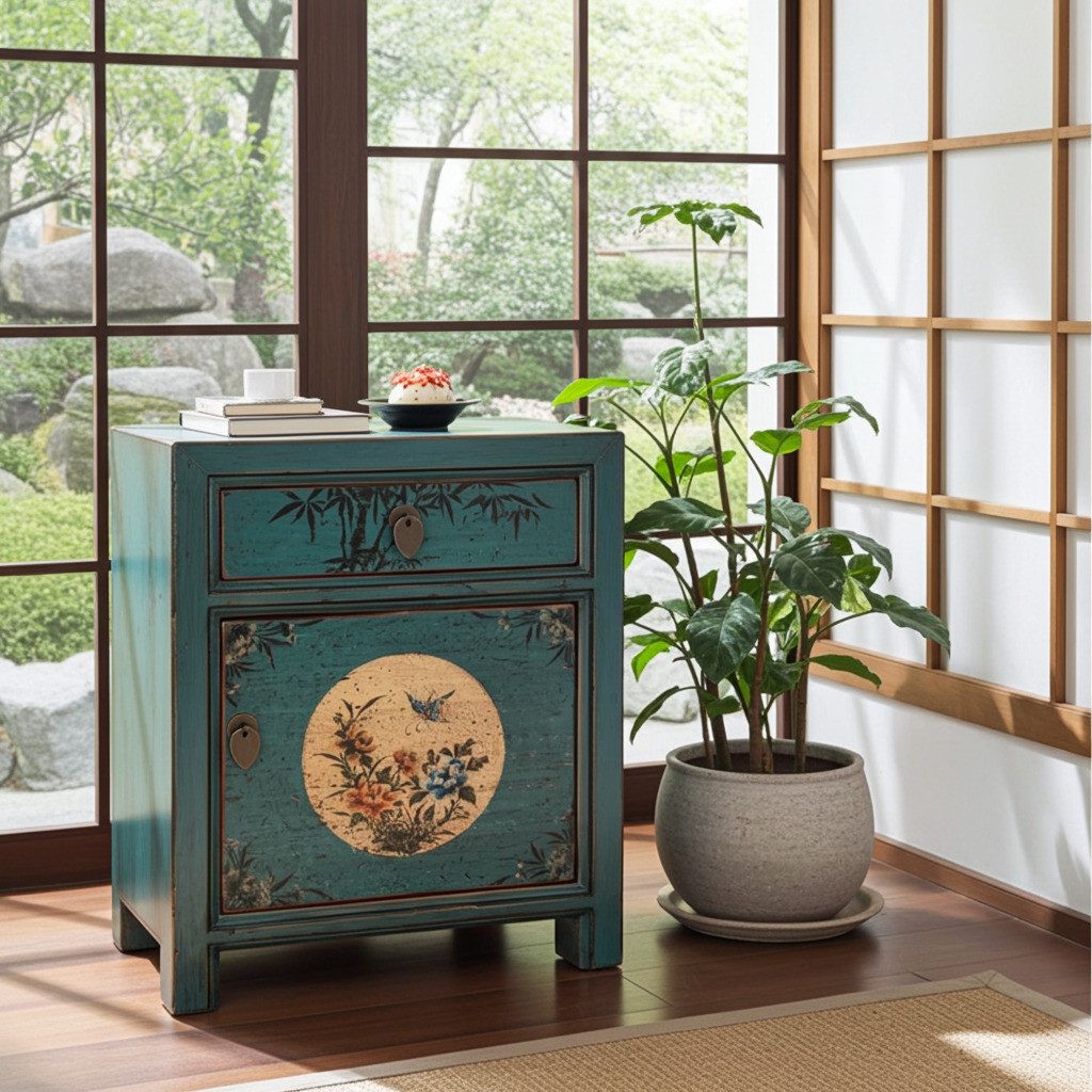 OPIUM OUTLET Nachttisch Nachtkommode Nachtkästchen Nachtschrank Schränkchen Nachtkonsole (B x T x H: 45 x 33 x 55 cm / Vintage-Stil, Asia Möbel komplett montiert), chinesisch asiatisch orientalisch