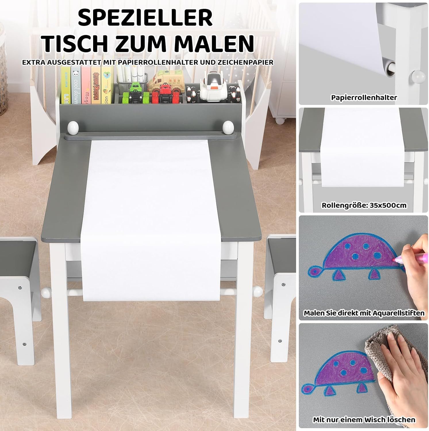 TLGREEN Kindertisch Kindermaltisch mit 2 Stühlen (Maltisch Schreibtisch mit Papierrolle und 4 Aufbewahrungskiste, Zeichentisch 100kg Belastbarkeit für Malen/Lernen), Maltisch Kindersitzgruppe mit Stauraum