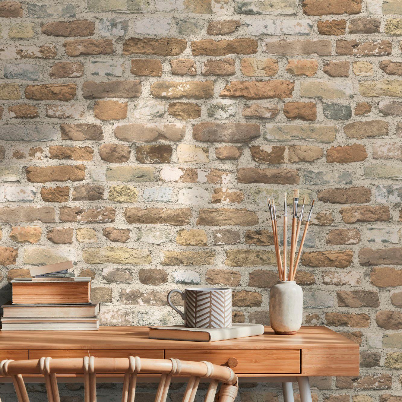 A.S. Création Vliestapete Bricks & Stones Backstein Steinoptik, leicht strukturiert, gemustert, matt, neutral, (1 St), Steintapete Backstein Tapete Tapeten Wohnzimmer Schlafzimmer Küche