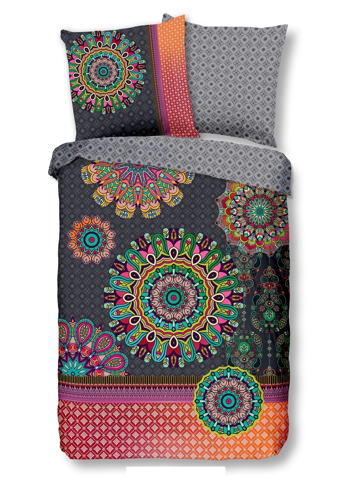 Traumschloss Bettwäsche Comfort Baumwolle, Flanell, 2 teilig, bunte Mandalas auf dunklem Hintergrund