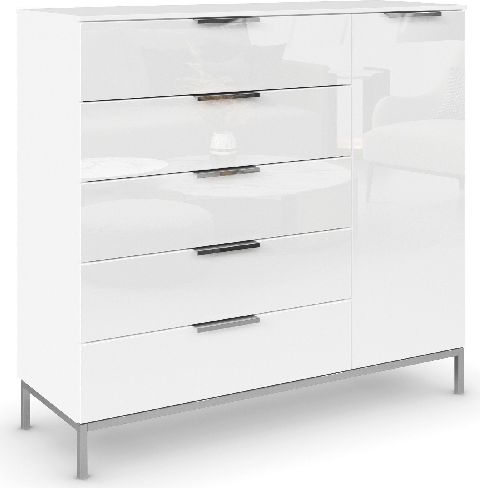 rauch Kombikommode Kommode Türkommode Sideboard Kombikommode FLIPP mit Glasfront (Breite 120 cm mit 2 Einlegeböden), 1-türig mit 5 Schubladen und Soft-Close-Funktion sowie Glasfront