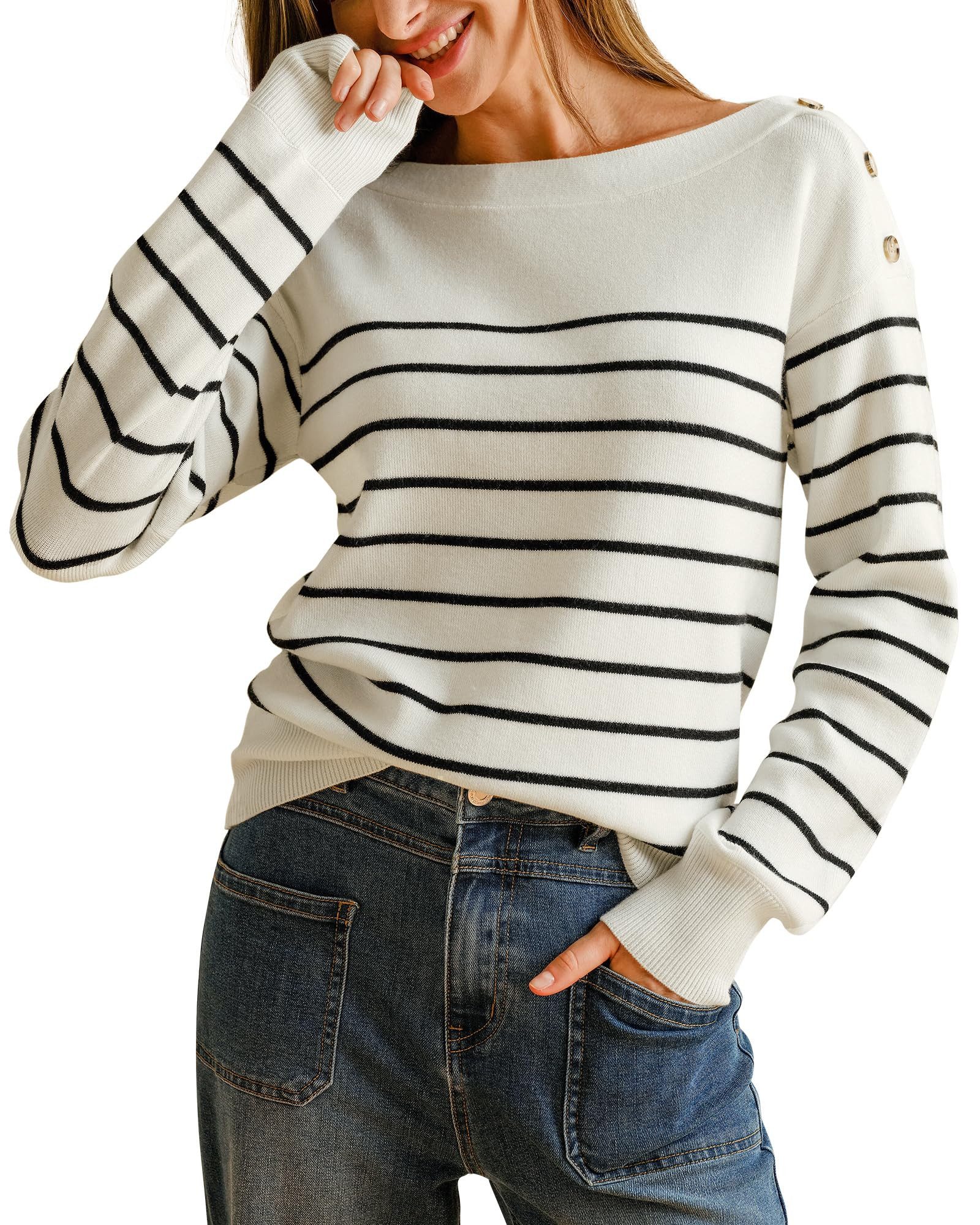 Arach&Cloz Sweater Arach&Cloz Damen Pullover Wollmischung Gestreifter U-Boo günstig online kaufen