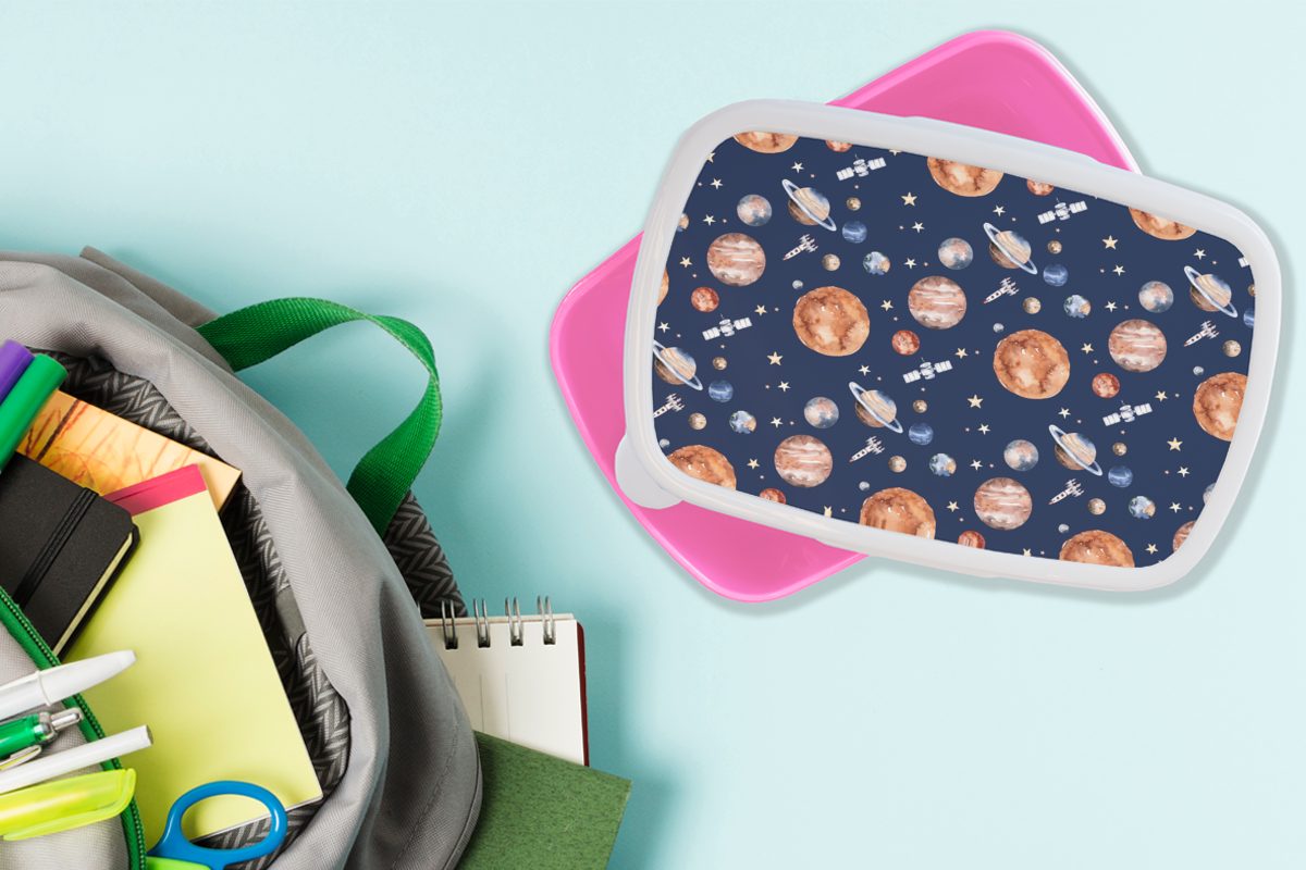 (2-tlg), - Kunststoff, Erwachsene, MuchoWow Mädchen Kinder, Brotbox Jungen rosa Snackbox, Kinder - für Muster - Kunststoff - Weltraum Brotdose Kinder, - - Planeten Lunchbox Mädchen,