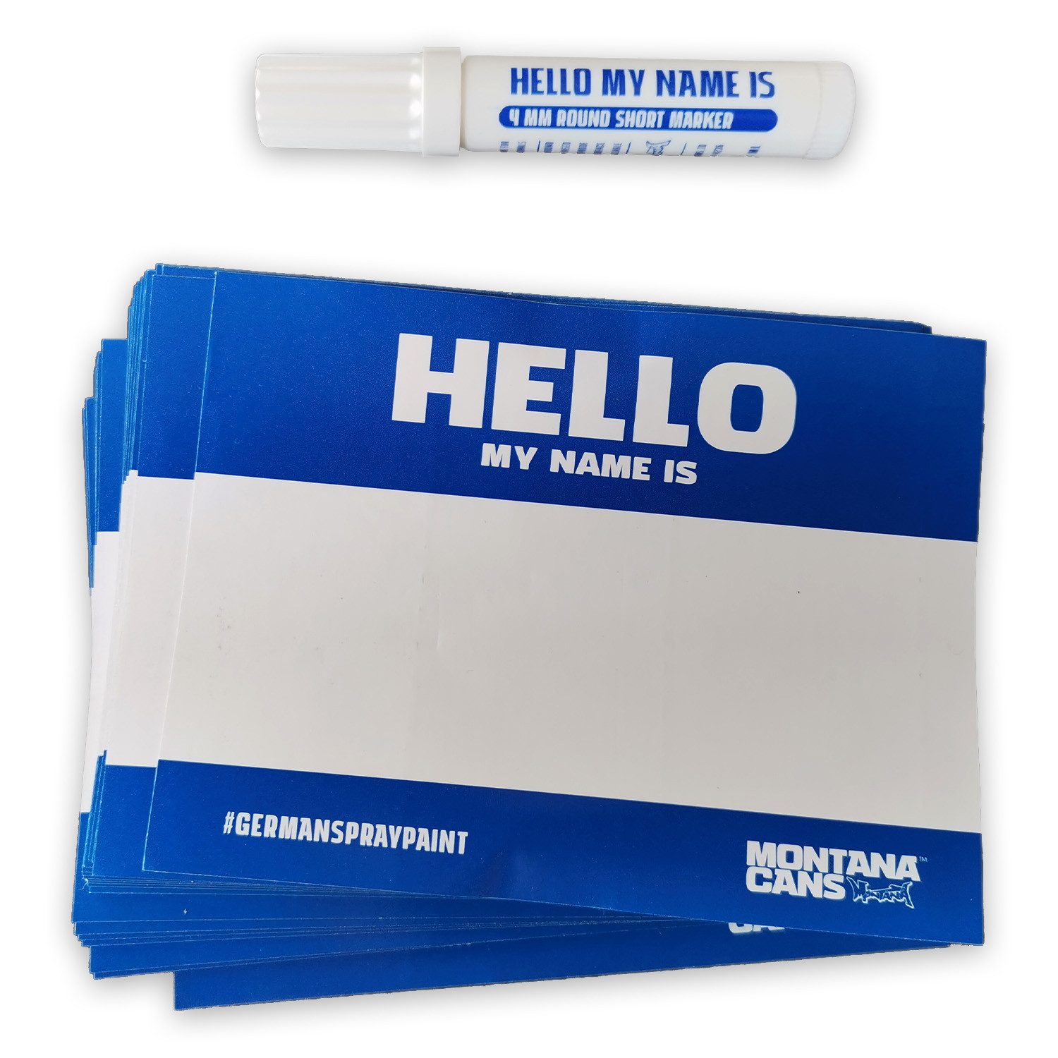 Montana Cans Sticker Stickerpack, Montana "Hello My Name Is", Blau, 100 Stk + Marker, (100-tlg), inkl. Marker 4mm schwarz