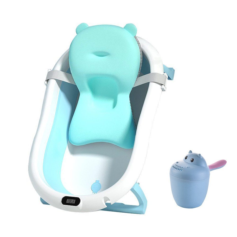 SEHAUSEU Babybadewanne Babywanne groß Badewanne faltbar mit Thermometer, Haarwaschbecher, mit verstellbarem Kissen–Matratze