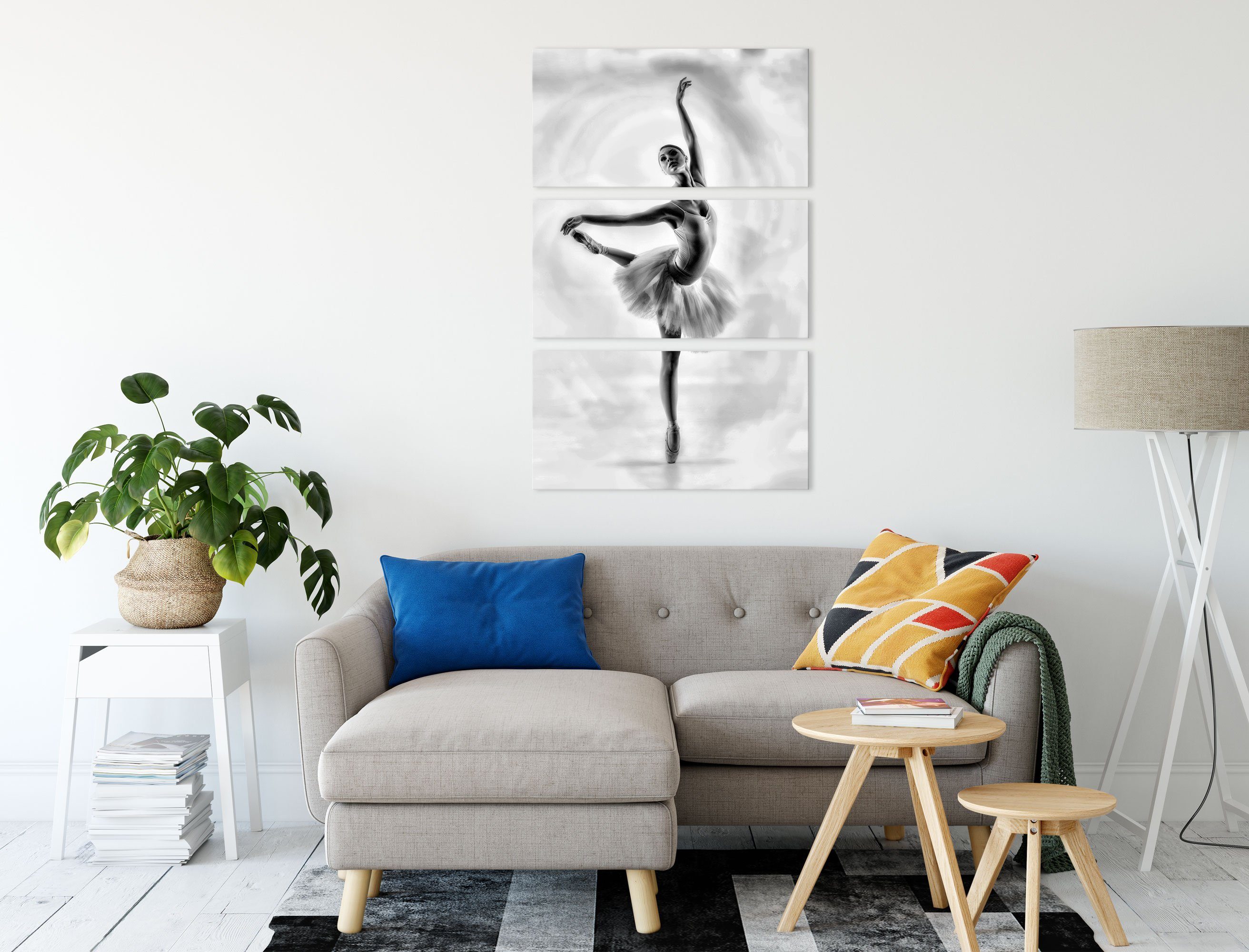 Pixxprint Leinwandbild (120x80cm) bespannt, Ästhetische Ballerina, Zackenaufhänger St), Ästhetische fertig inkl. (1 Ballerina 3Teiler Leinwandbild