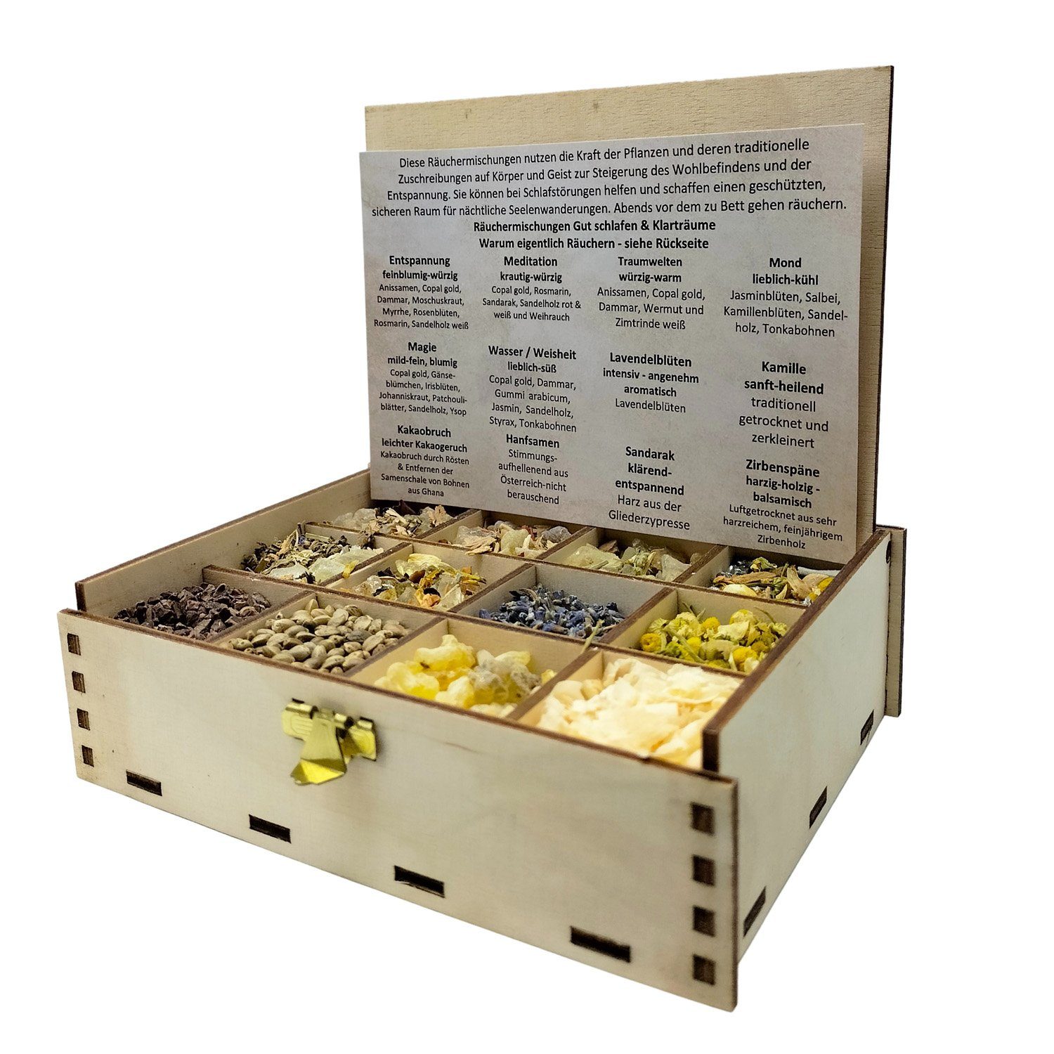 Heilkräuter Manufaktur Räucherstäbchen Räucherbox Geschenkbox mit 12 Sorten Räuchermischungen 14 x 10 x 4 cm