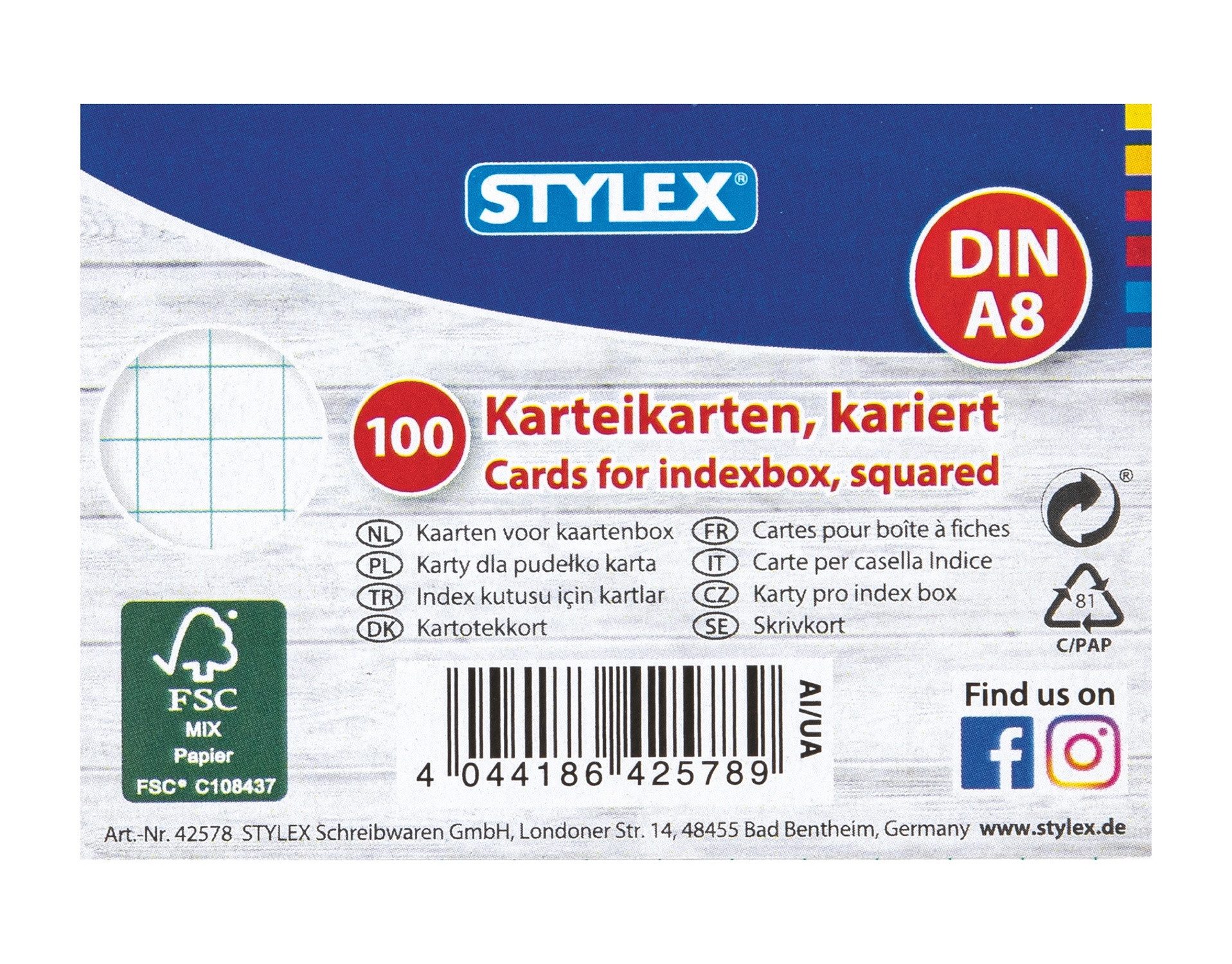 Stylex Schreibwaren Karteikarten 100 Karteikarten / DIN A8 / weiss / kariert