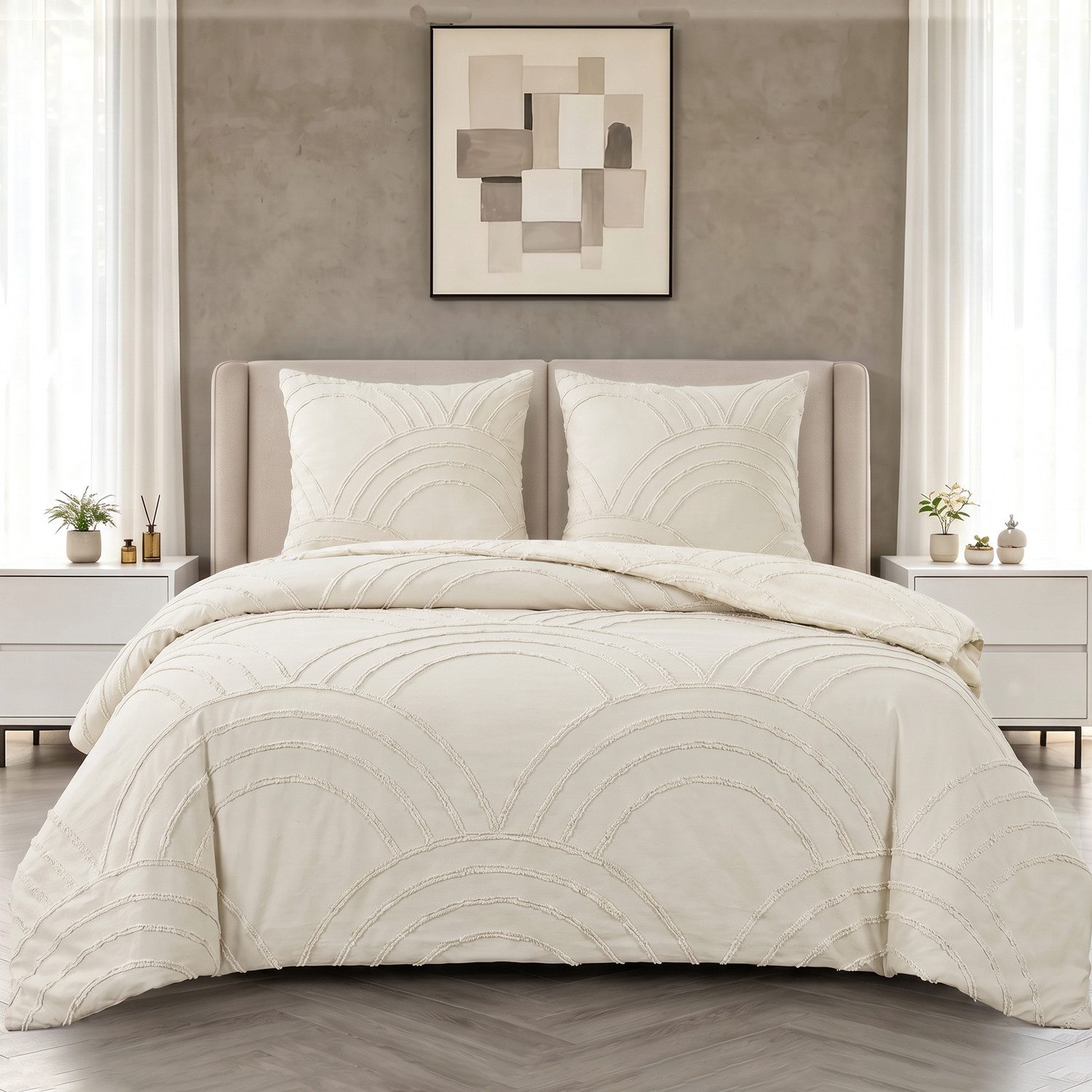 Fyrove Bettwäsche Boho Bettwäsche 135x200 Beige Getuftet, Stickerei Shabby Chic Bettbezug, Mikrofaser, 2 teilig, Boho-Stickerei Bettwäsche-set mit Reißverschlus – Bild 2 von 5