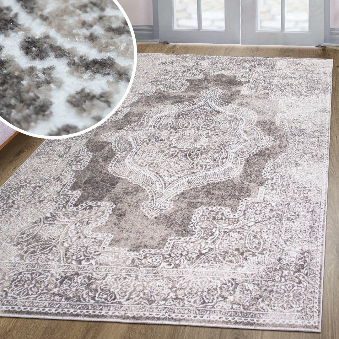 oKu-Tex Teppich VICTORIA, Wohnzimmerteppich, 3-D Effekt, Orientalisch, Modern, Kurzflor Teppich, Modern, Medallion Muster, Beige, Creme