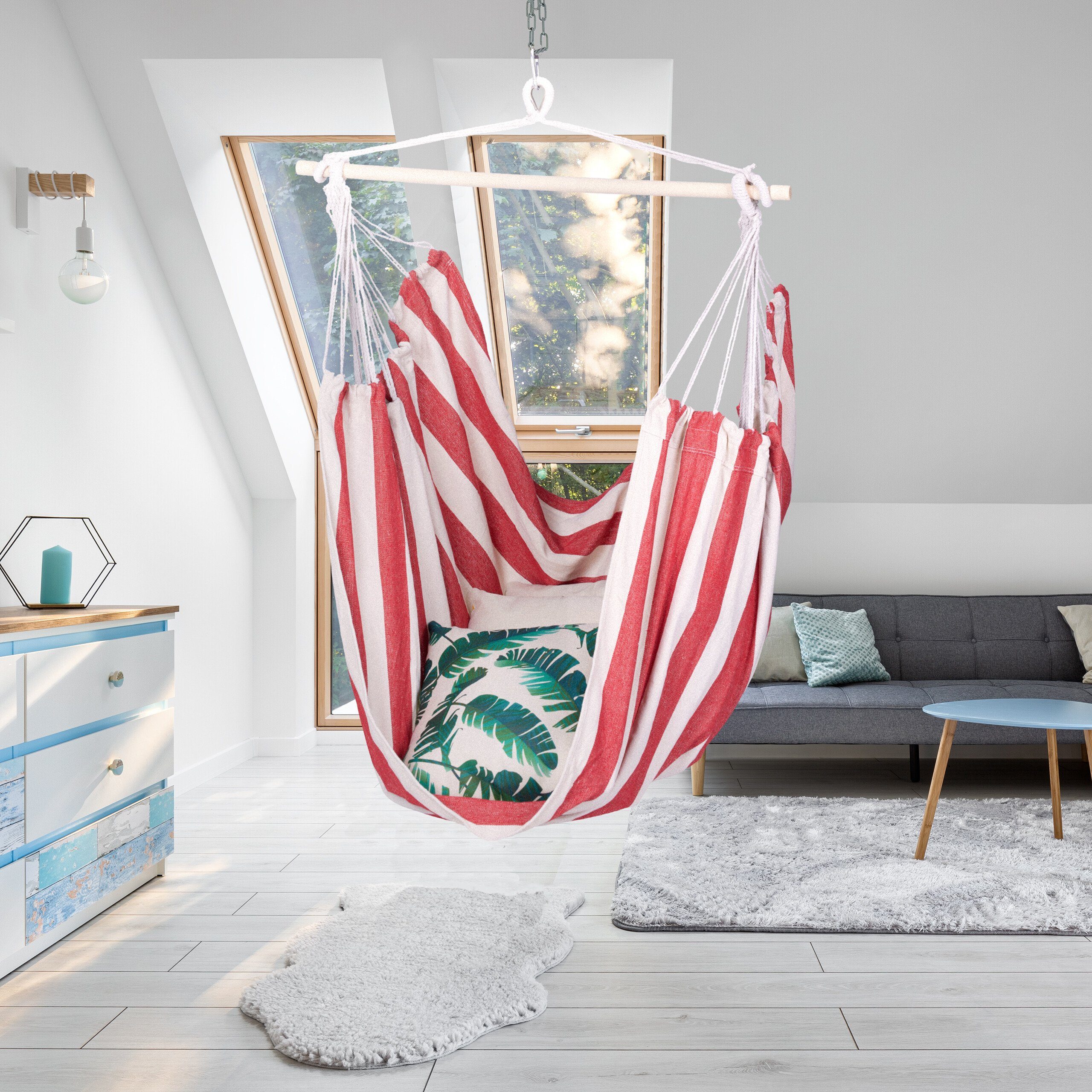 relaxdays Hängesessel mit Streife, Weiß-Rot günstig online kaufen