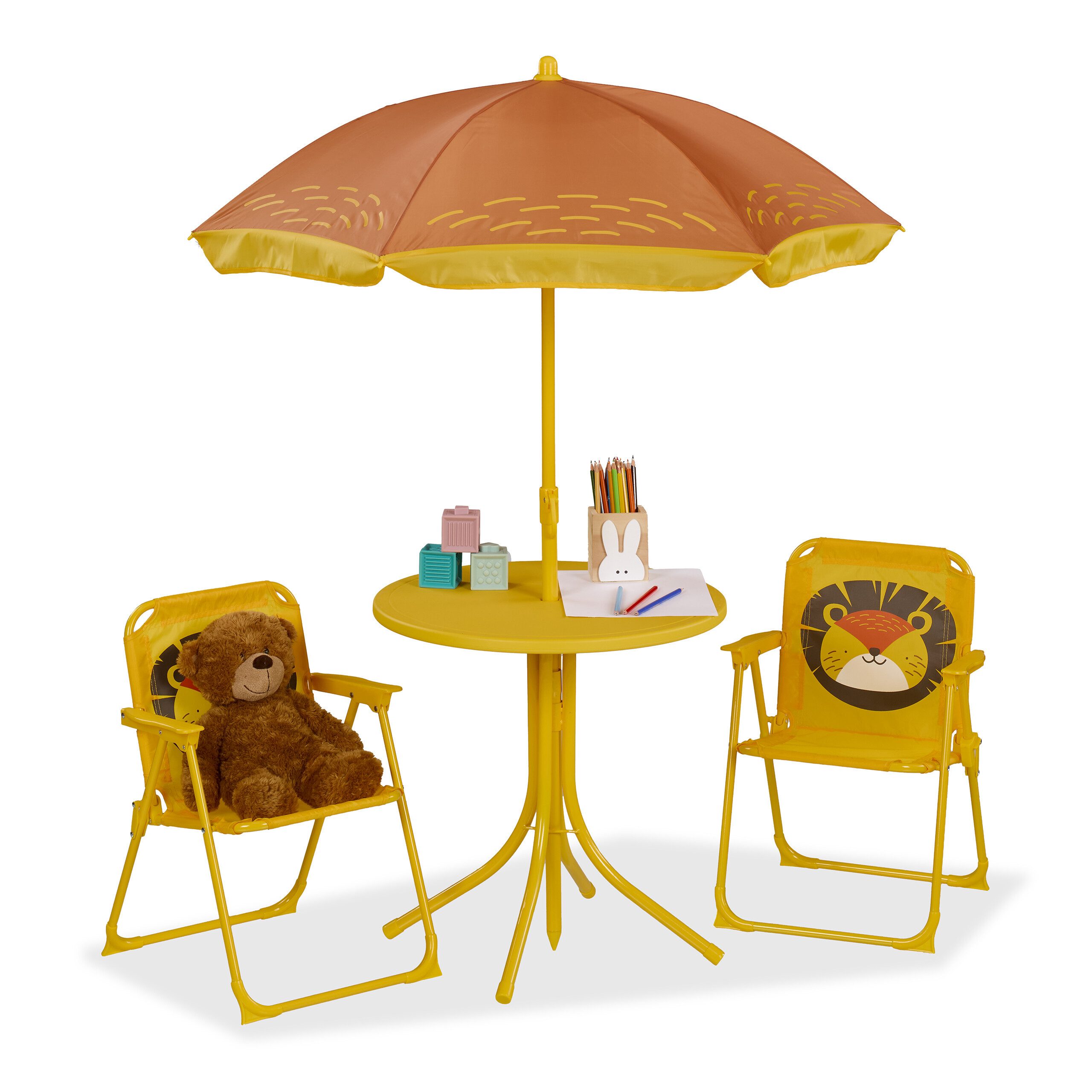 relaxdays Garten-Kindersitzgruppe Camping Kindersitzgruppe mit Schirm, (4-tlg), Löwe