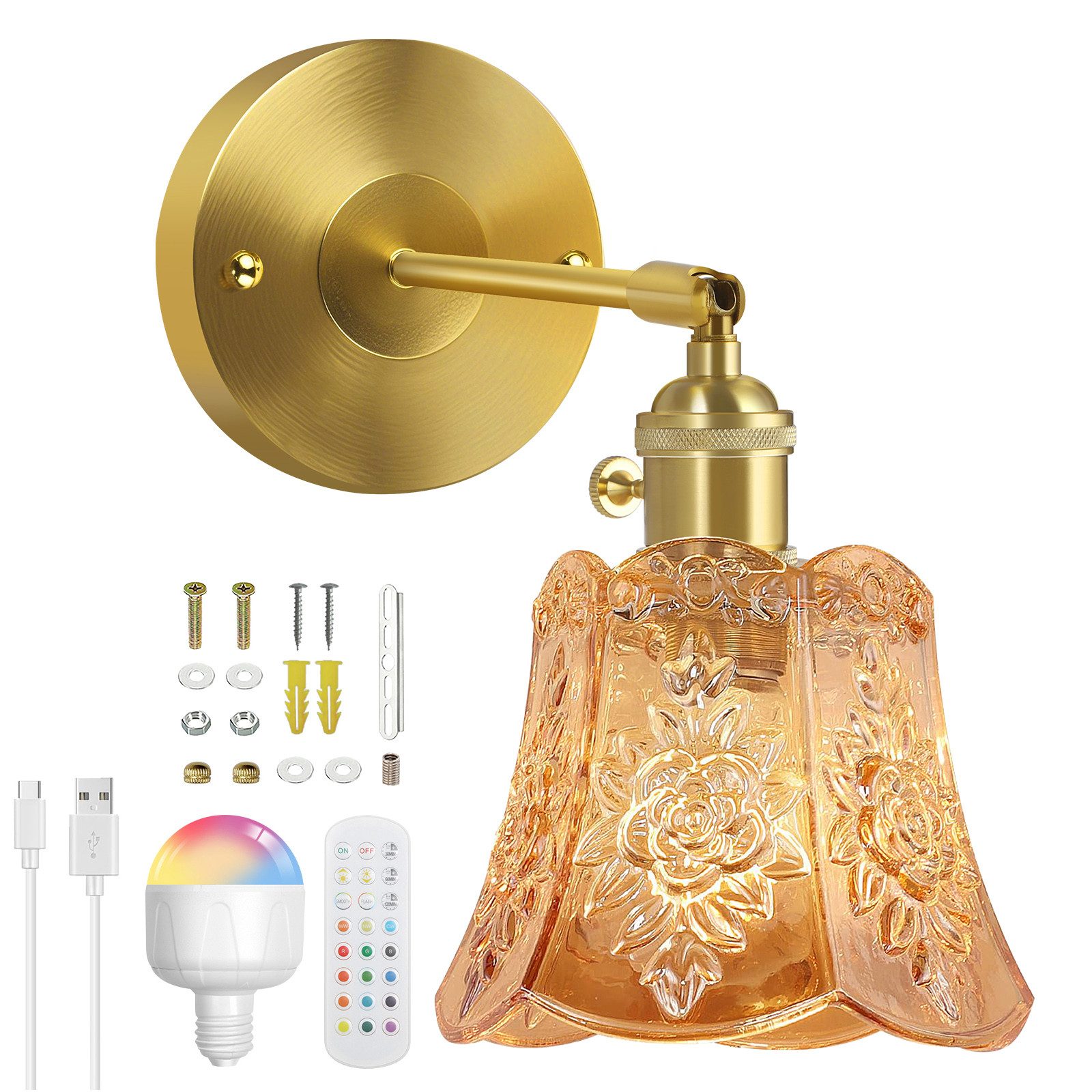 LMaxhome Wandleuchte Retro Wandlampe Dimmbare LED Innen Wandbeleuchtung, Bernstein, Batteriebetrieben, LED wechselbar, 3000K-4500K-6000K-RGB, mit Fernsteuerung, Glas Lampenschirm, für Schlafzimmer Wohnzimmer Flur